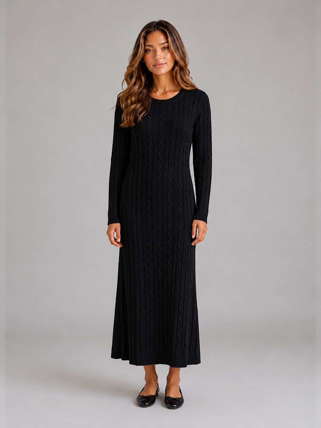 Women's Cable Knit Maxi Dress – Long Sleeve Jumper Dress