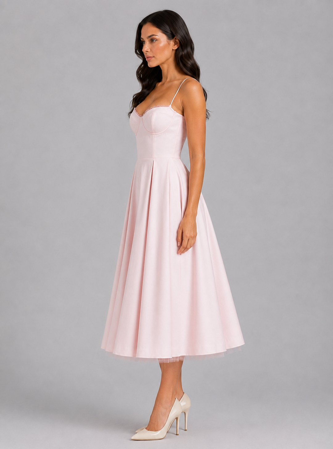 Women's Corset Midi Dress with Full Skirt – Elegant Occasion Style