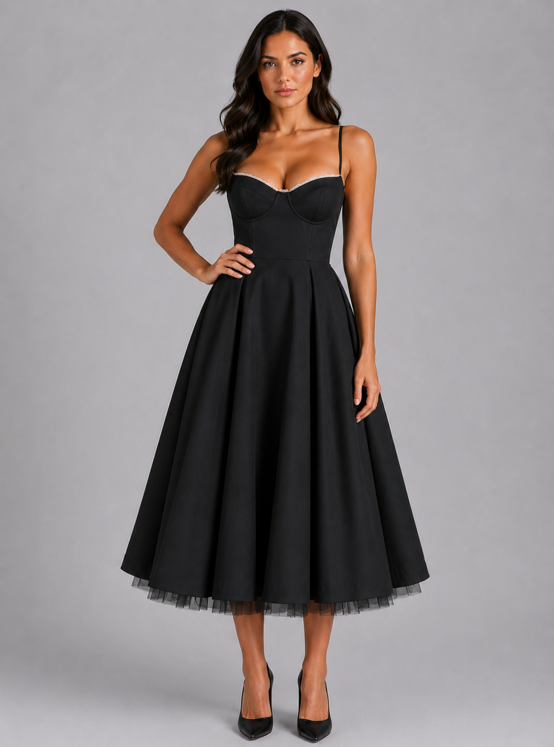 Women's Corset Midi Dress with Full Skirt – Elegant Occasion Style