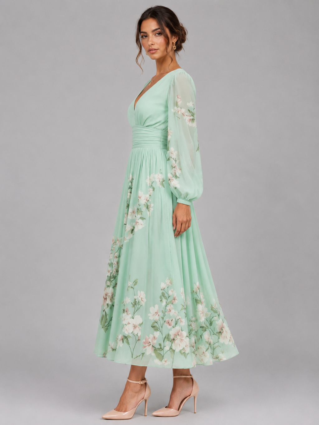 Women’s Floral Chiffon V-Neck Midi Dress – Flowing A-Line Fit