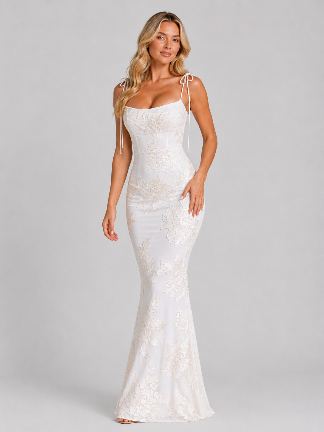 Women's Floral Embroidered Maxi Dress – Tie Strap Occasion Gown