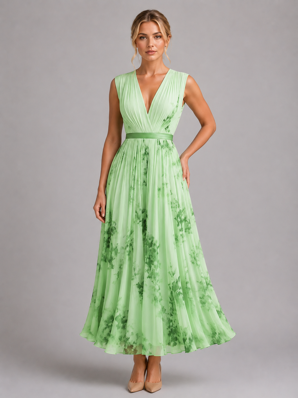 Women’s Floral Maxi Dress – Pleated A-Line Fit