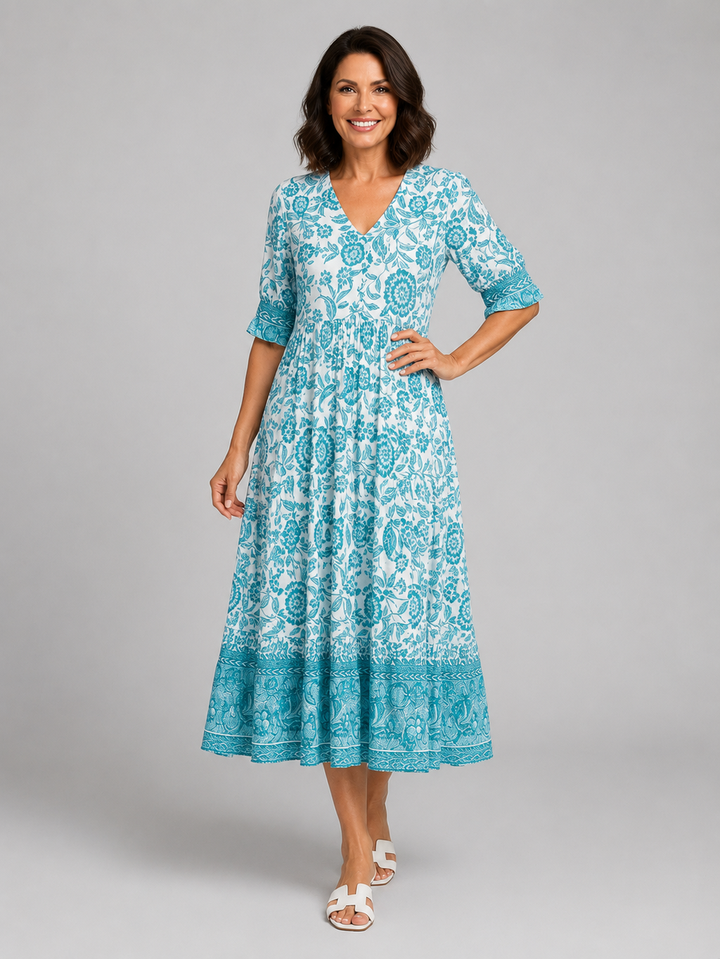 Women's Floral Print Midi Dress – V-Neck Tiered Summer Style