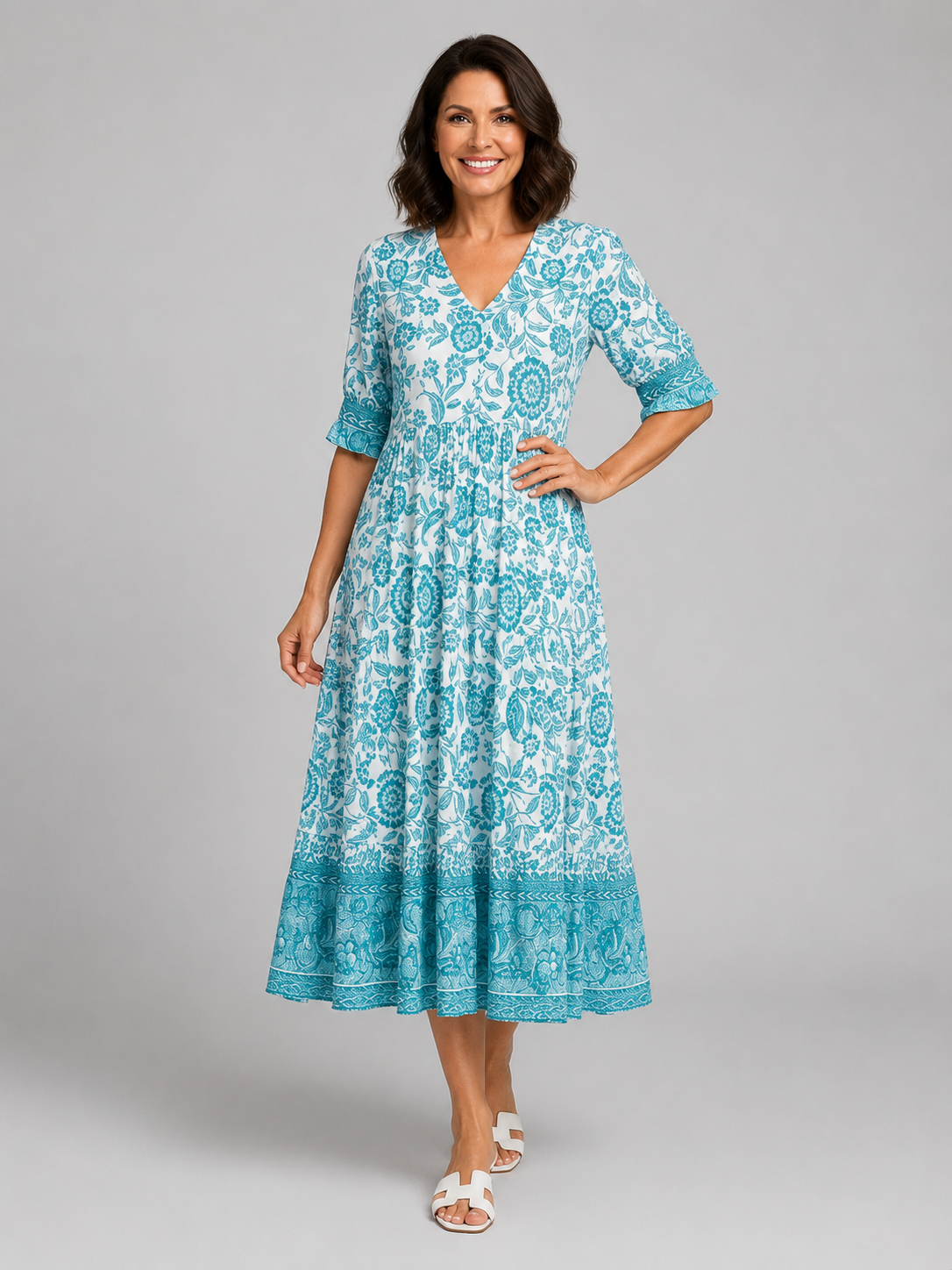 Women's Floral Print Midi Dress – V-Neck Tiered Summer Style