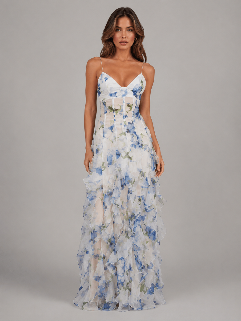 Women’s Floral Ruffle Maxi Dress – Chiffon Look Summer Elegance