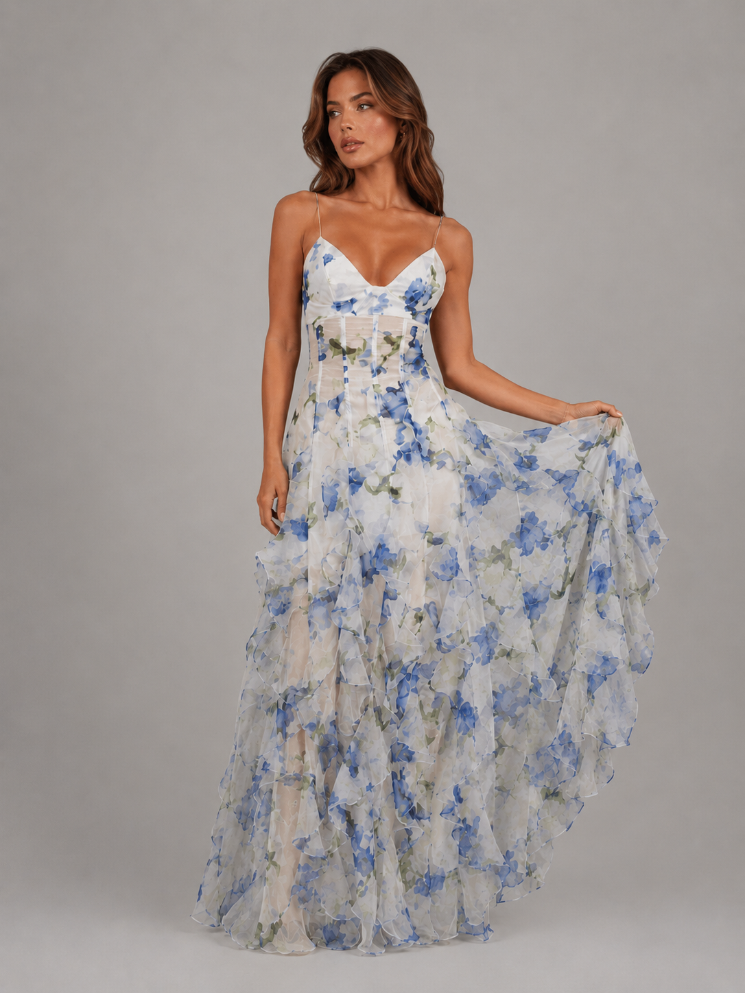 Women’s Floral Ruffle Maxi Dress – Chiffon Look Summer Elegance
