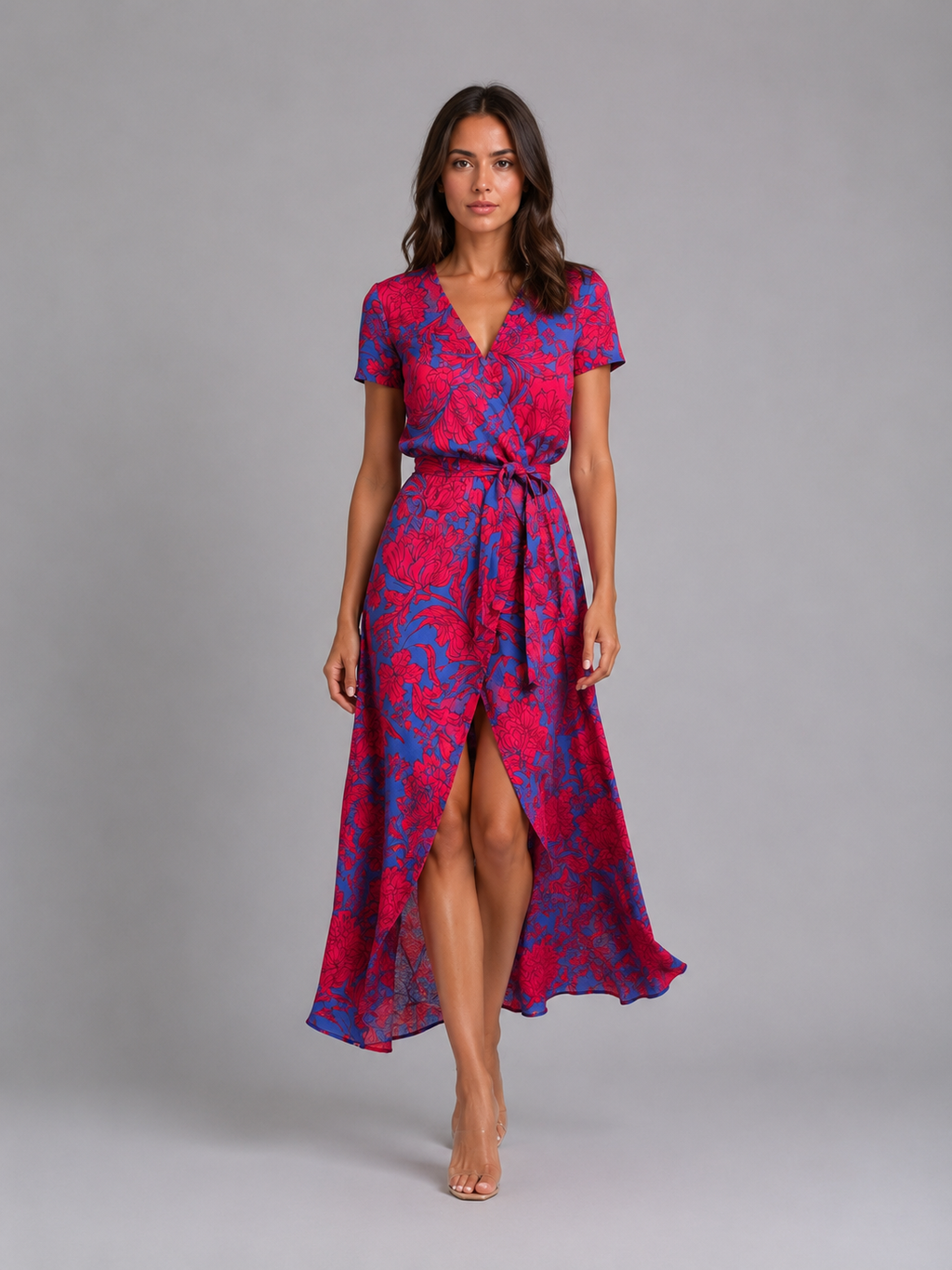 Women's Floral Wrap Midi Dress – Tie Waist Summer Style
