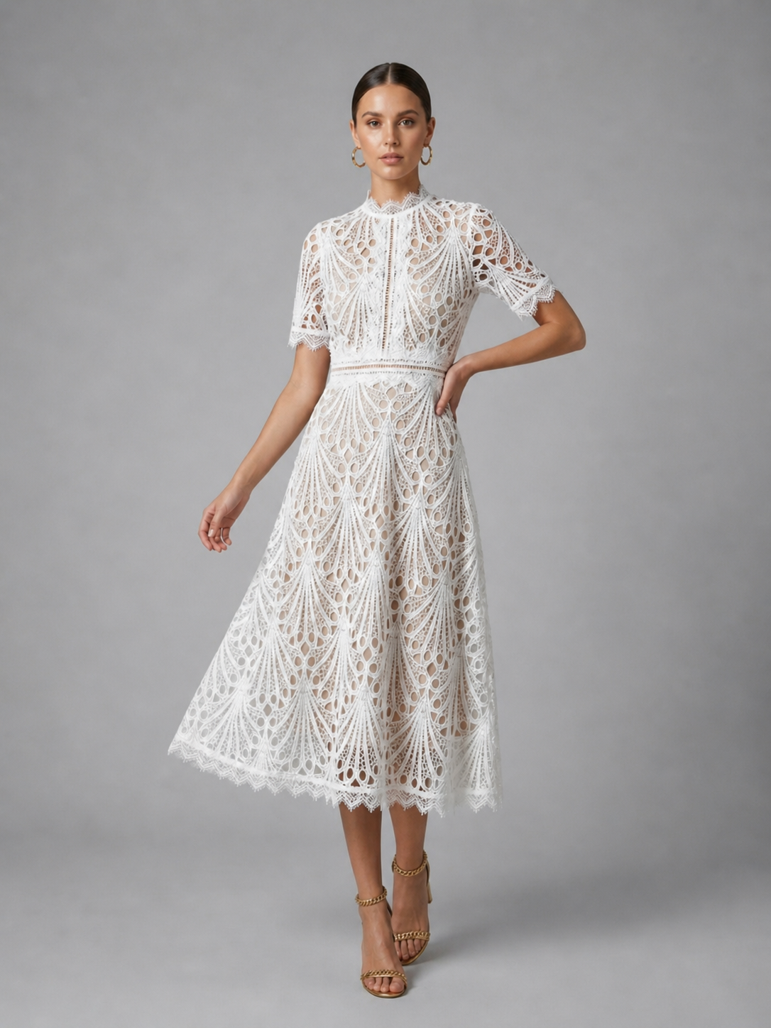 Women’s Lace Midi Dress – High Neck Elegant A-Line Silhouette