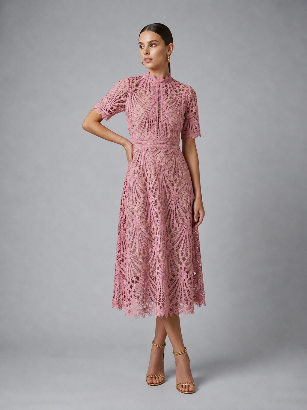 Women’s Lace Midi Dress – High Neck Elegant A-Line Silhouette