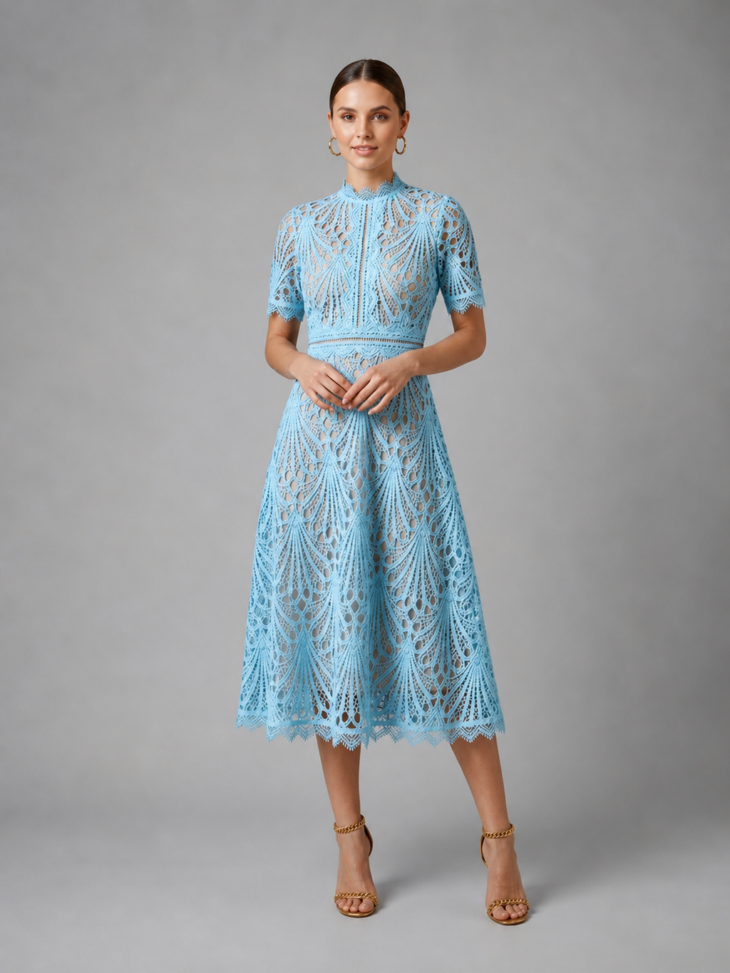 Women’s Lace Midi Dress – High Neck Elegant A-Line Silhouette