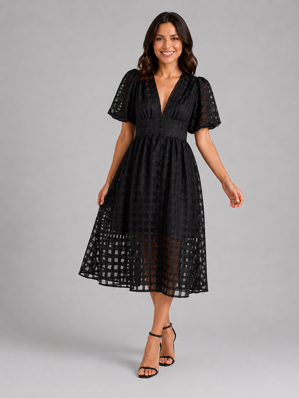 Women's Lattice Detail Puff Sleeve Midi Dress – Summer Occasion Style