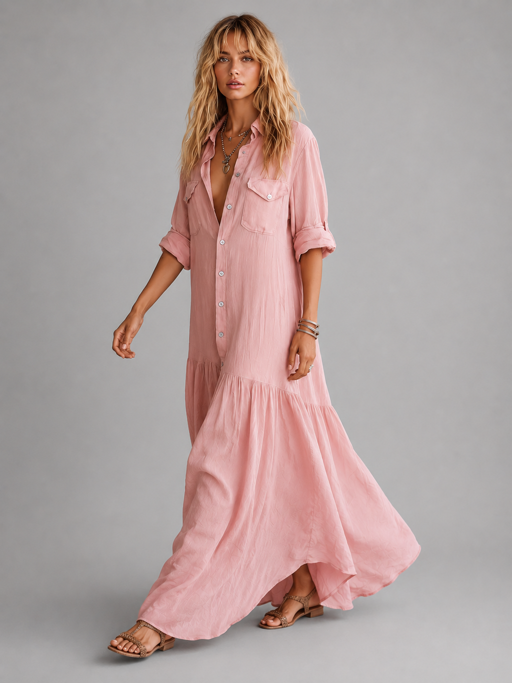 Women’s Linen Look Maxi Dress – Relaxed Button Front Summer Style
