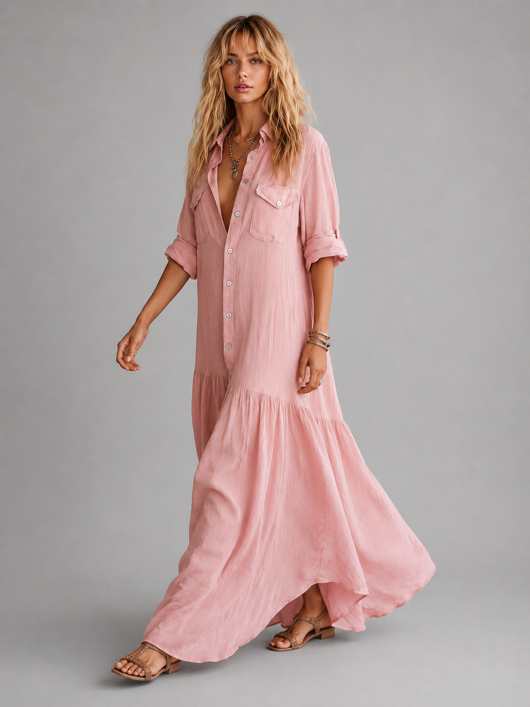 Women’s Linen Look Maxi Dress – Relaxed Button Front Summer Style