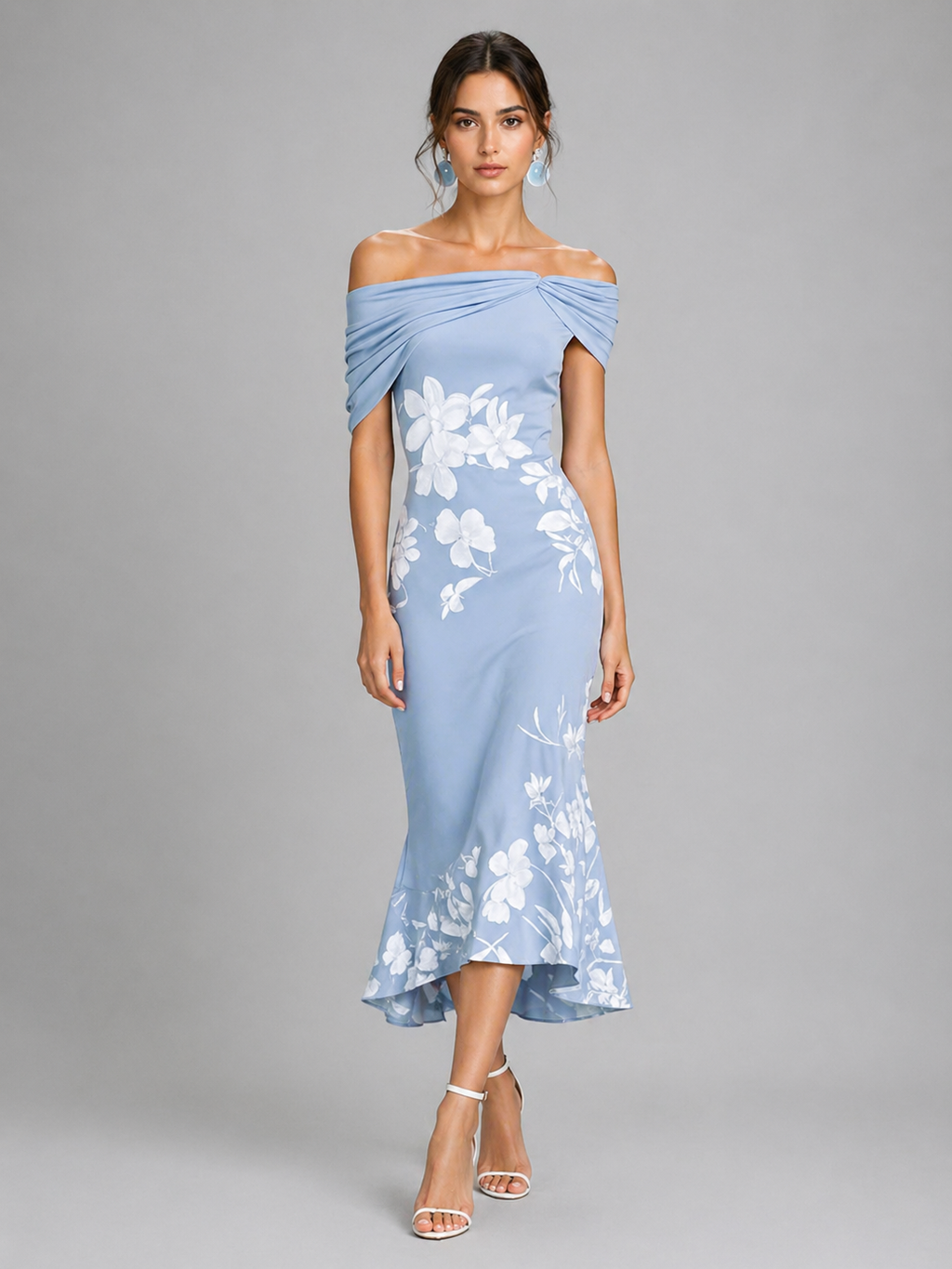 Women’s Off-Shoulder Floral Midi Dress – Draped Elegant Fit