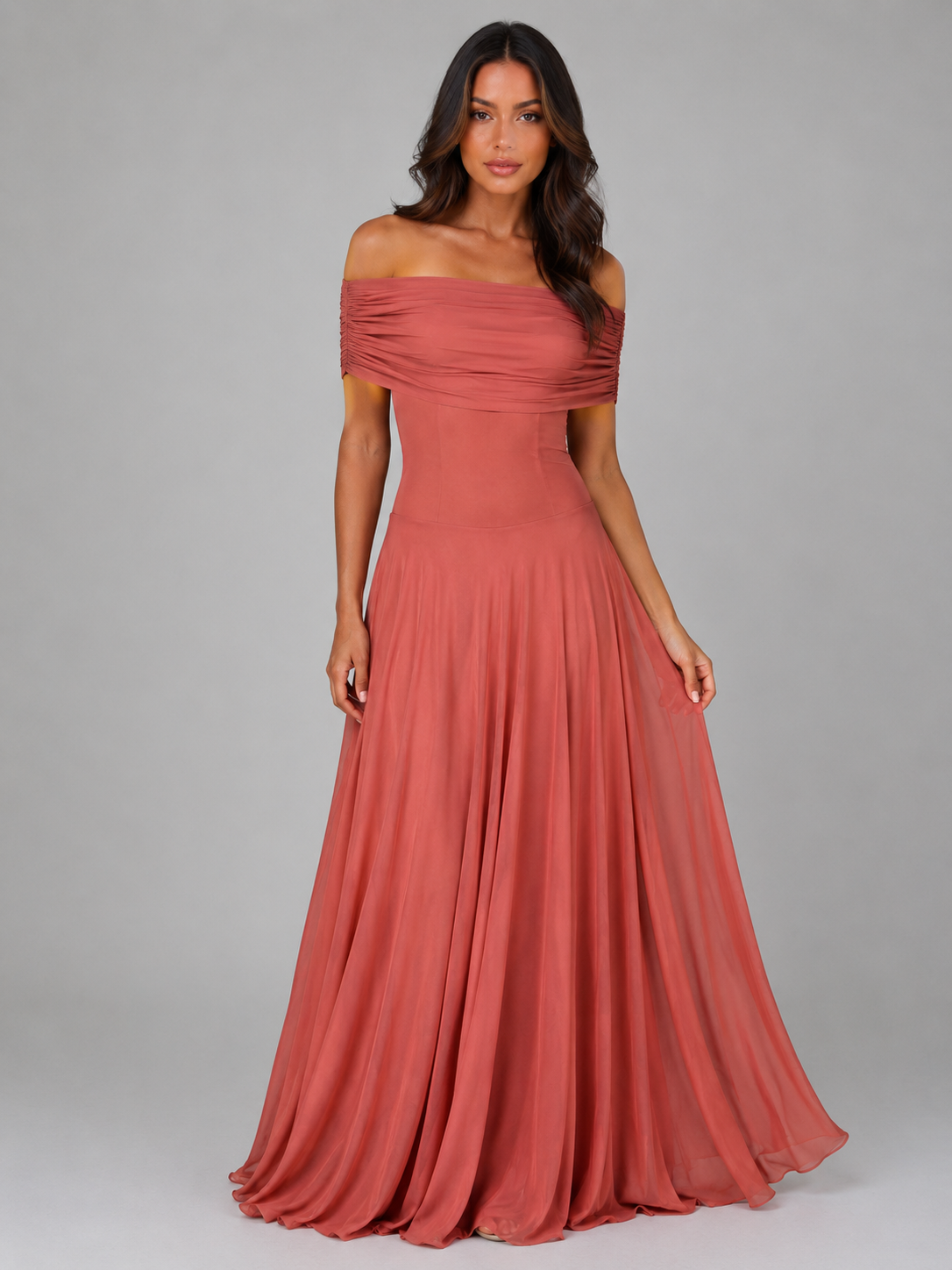 Women's Off Shoulder Mesh Maxi Dress – Ruched Evening Gown