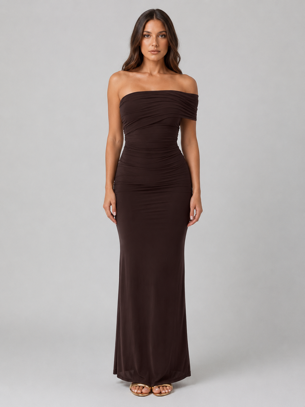 Women’s One-Shoulder Ruched Maxi Dress – Sculpted Silhouette
