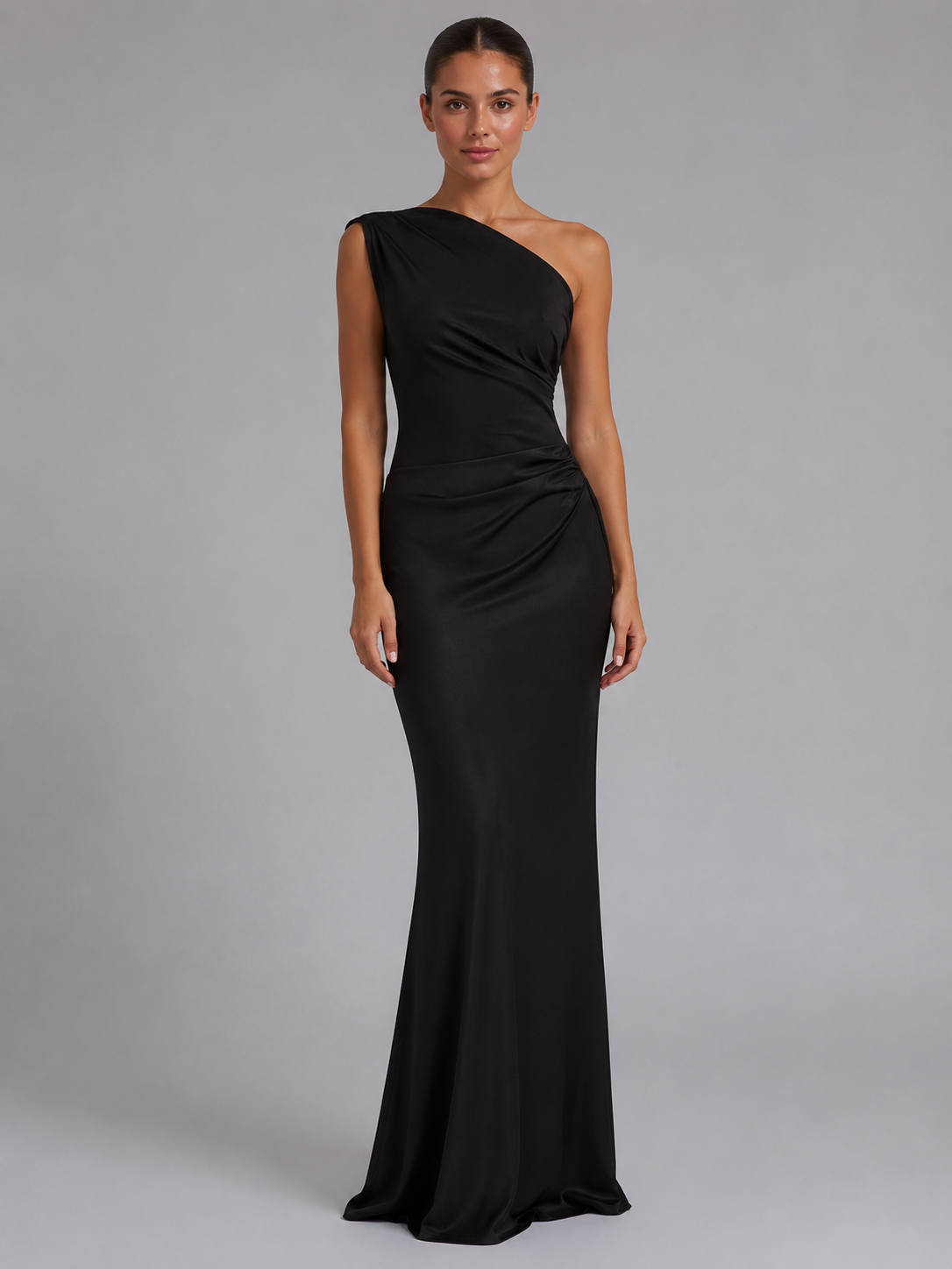 Women’s One-Shoulder Satin Feel Maxi Dress – Wedding Guest Gown
