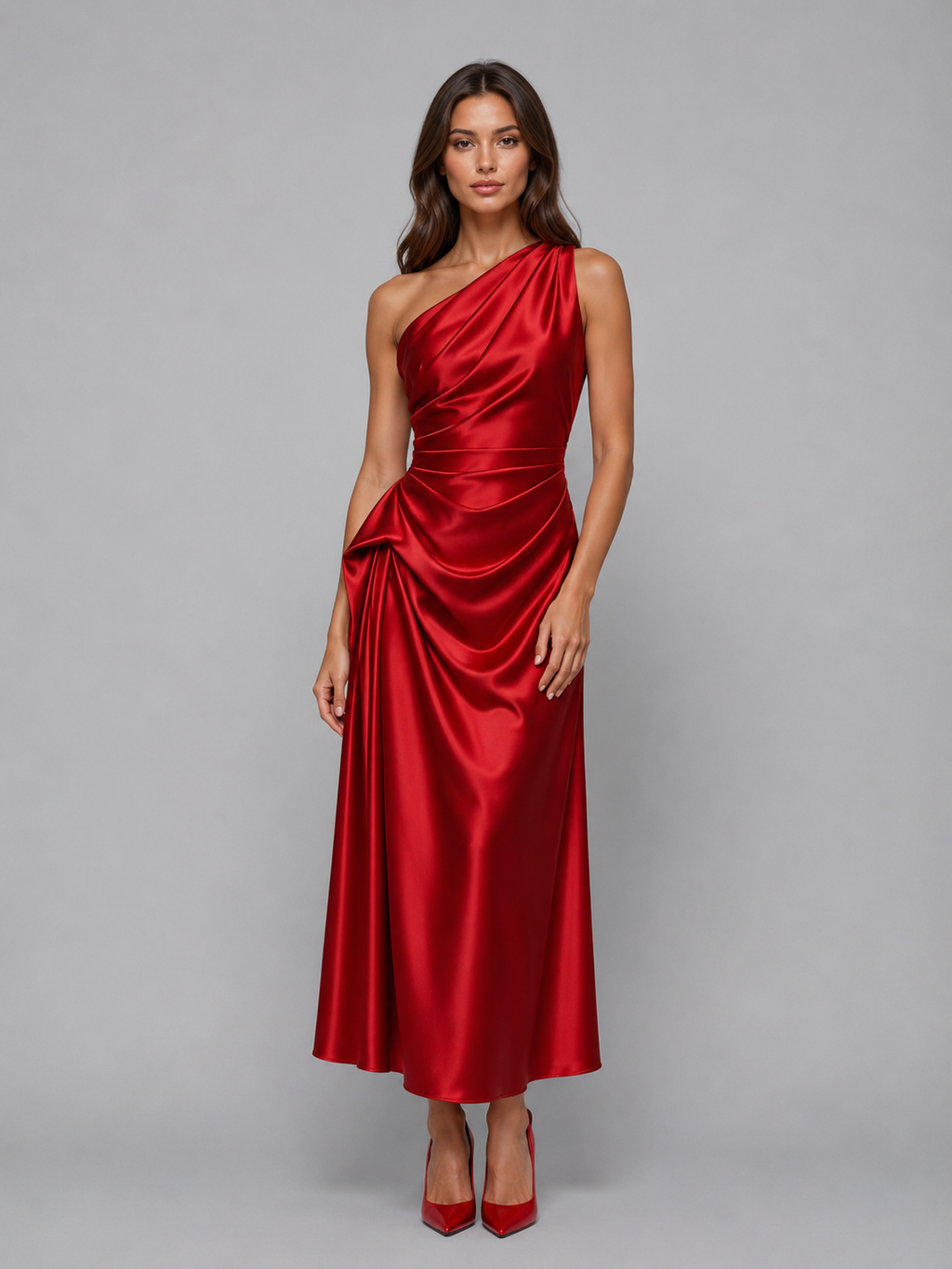 Women's One Shoulder Satin Look Midi Dress – Ruched Evening Dress