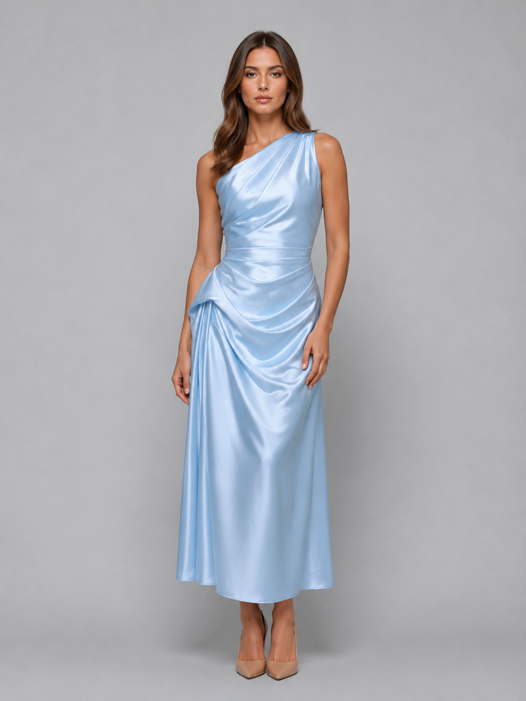 Women's One Shoulder Satin Look Midi Dress – Ruched Evening Dress