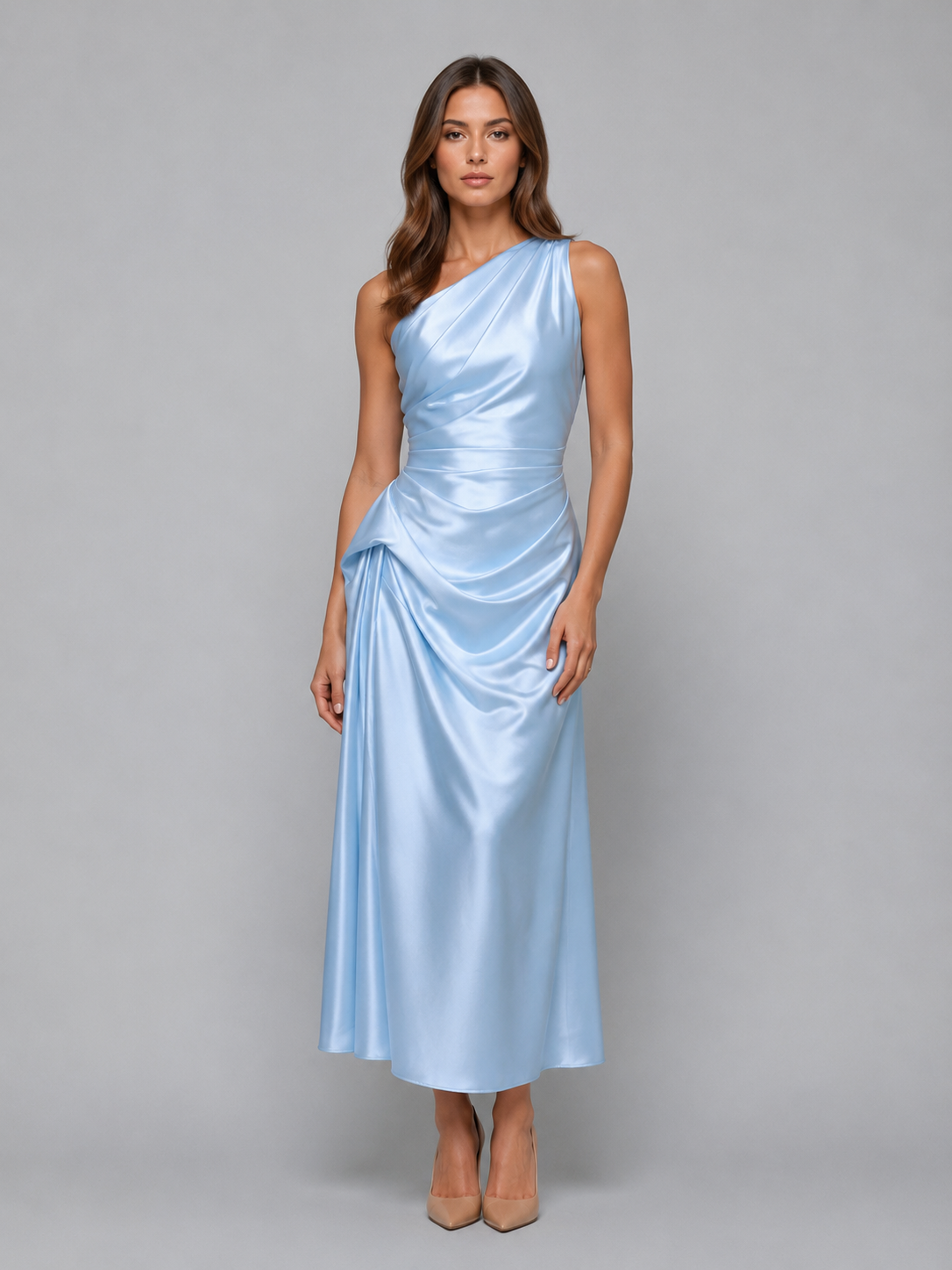 Women's One Shoulder Satin Look Midi Dress – Ruched Evening Dress