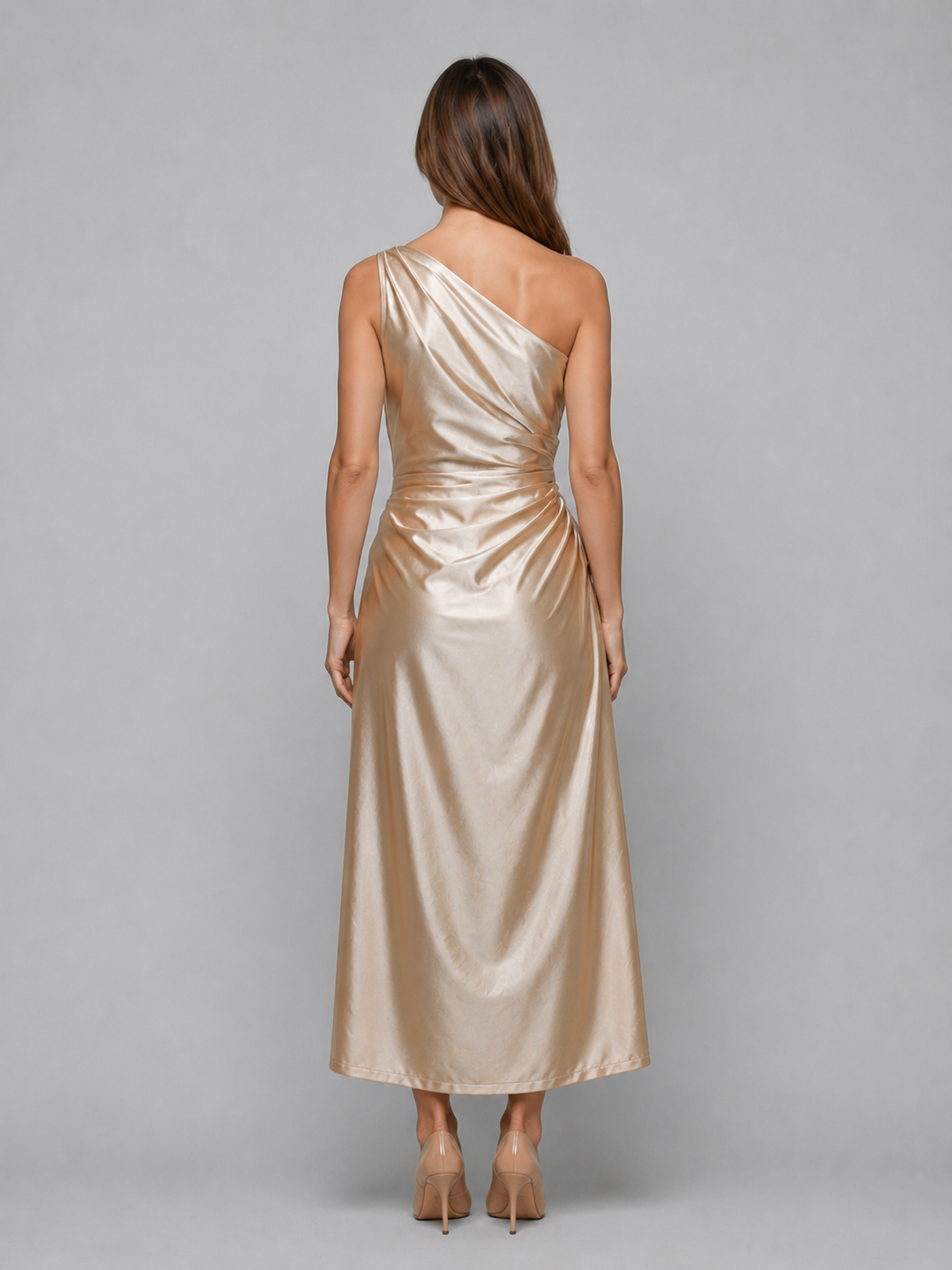 Women's One Shoulder Satin Look Midi Dress – Ruched Evening Dress