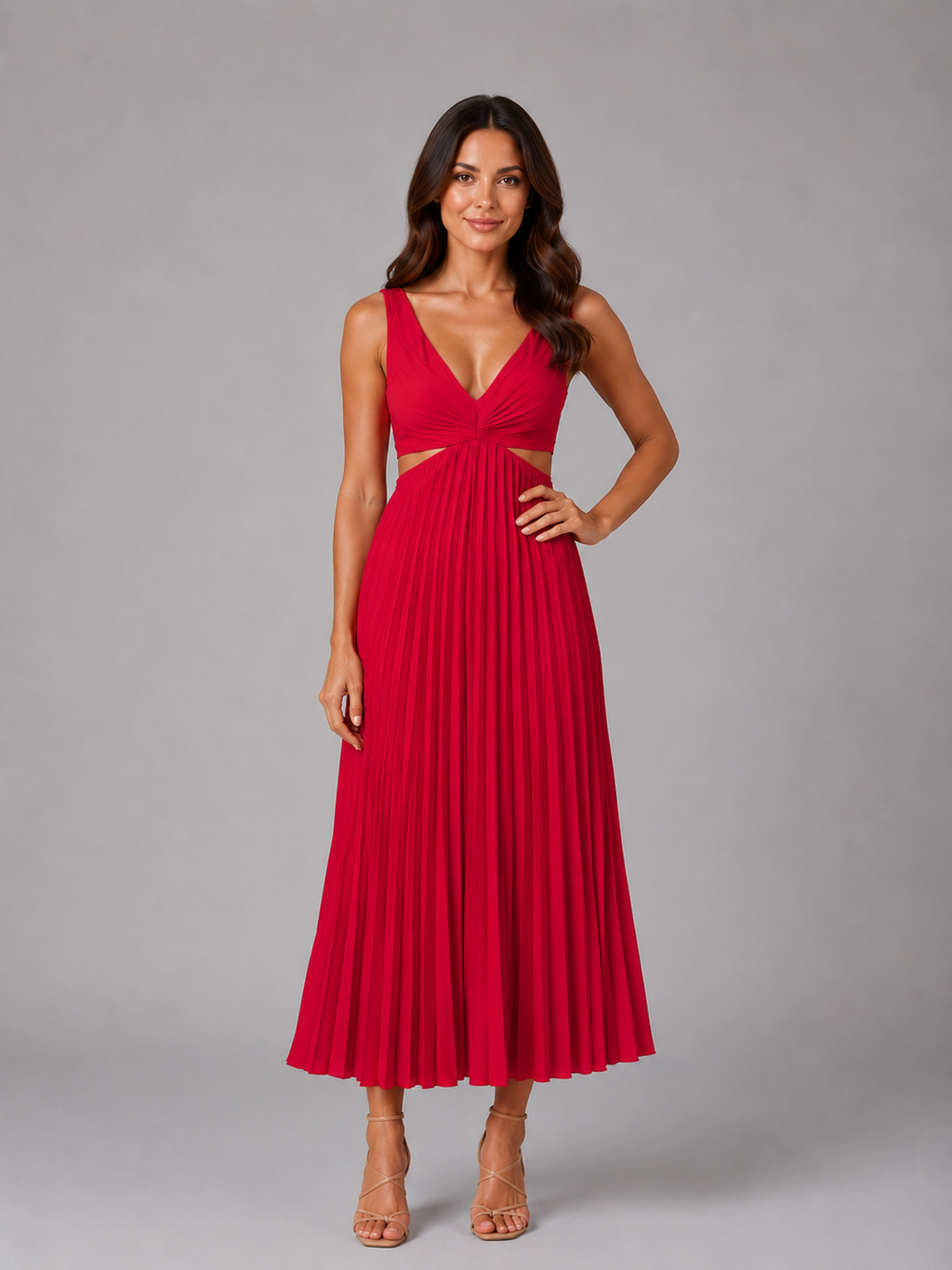 Women’s Pleated Cut-Out Midi Dress – Flowing Silhouette