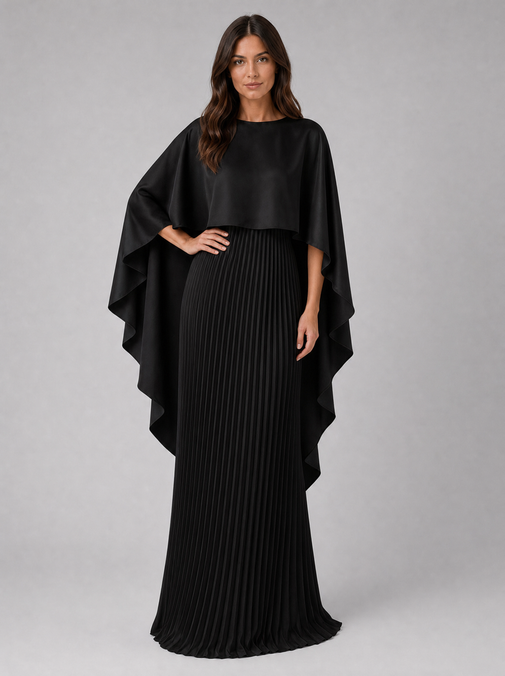 Women’s Pleated Maxi Dress with Cape Sleeves – Flowing Silhouette