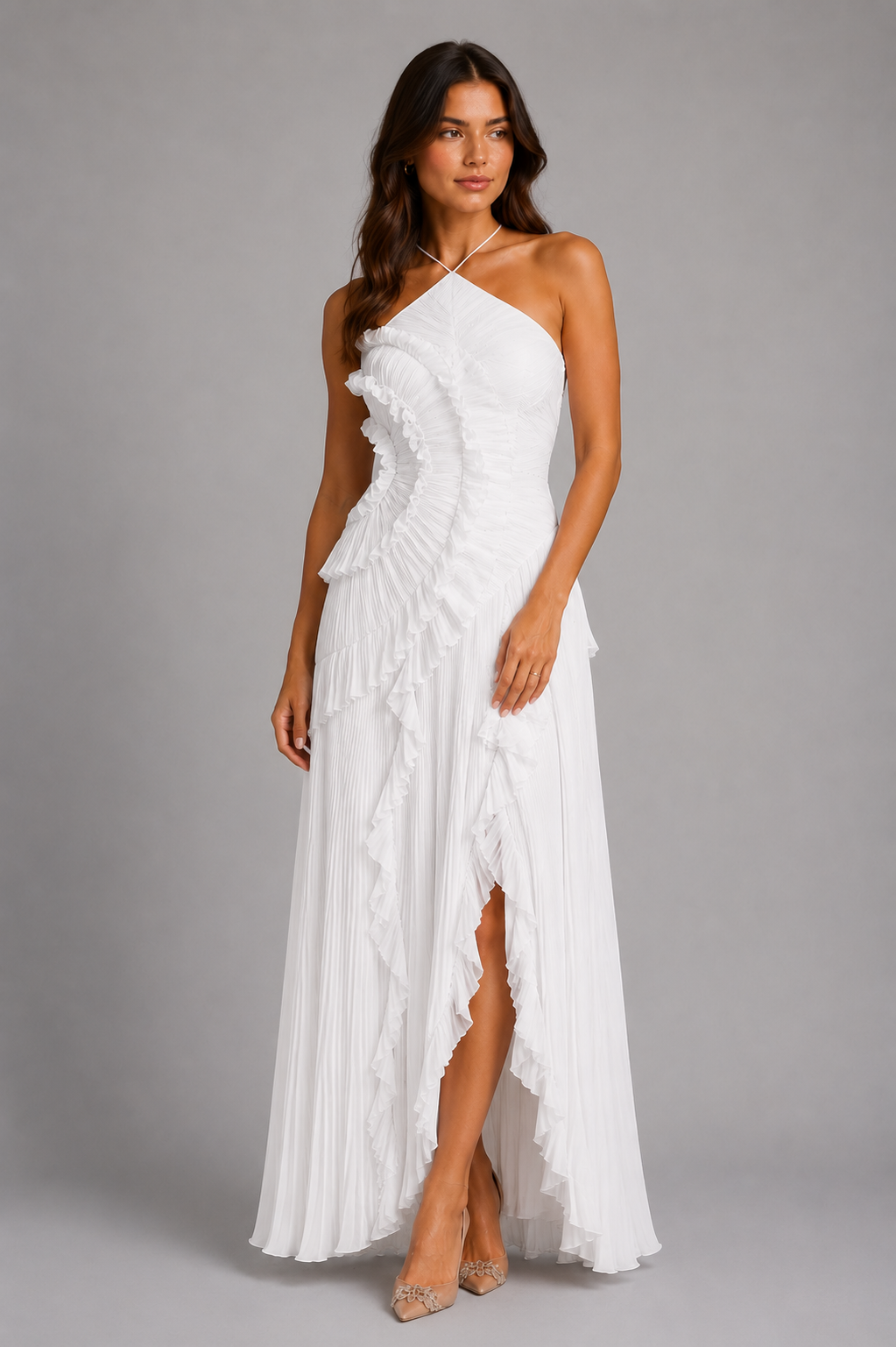Women's Pleated Ruffle Halter Maxi Dress – Elegant Occasion Wear
