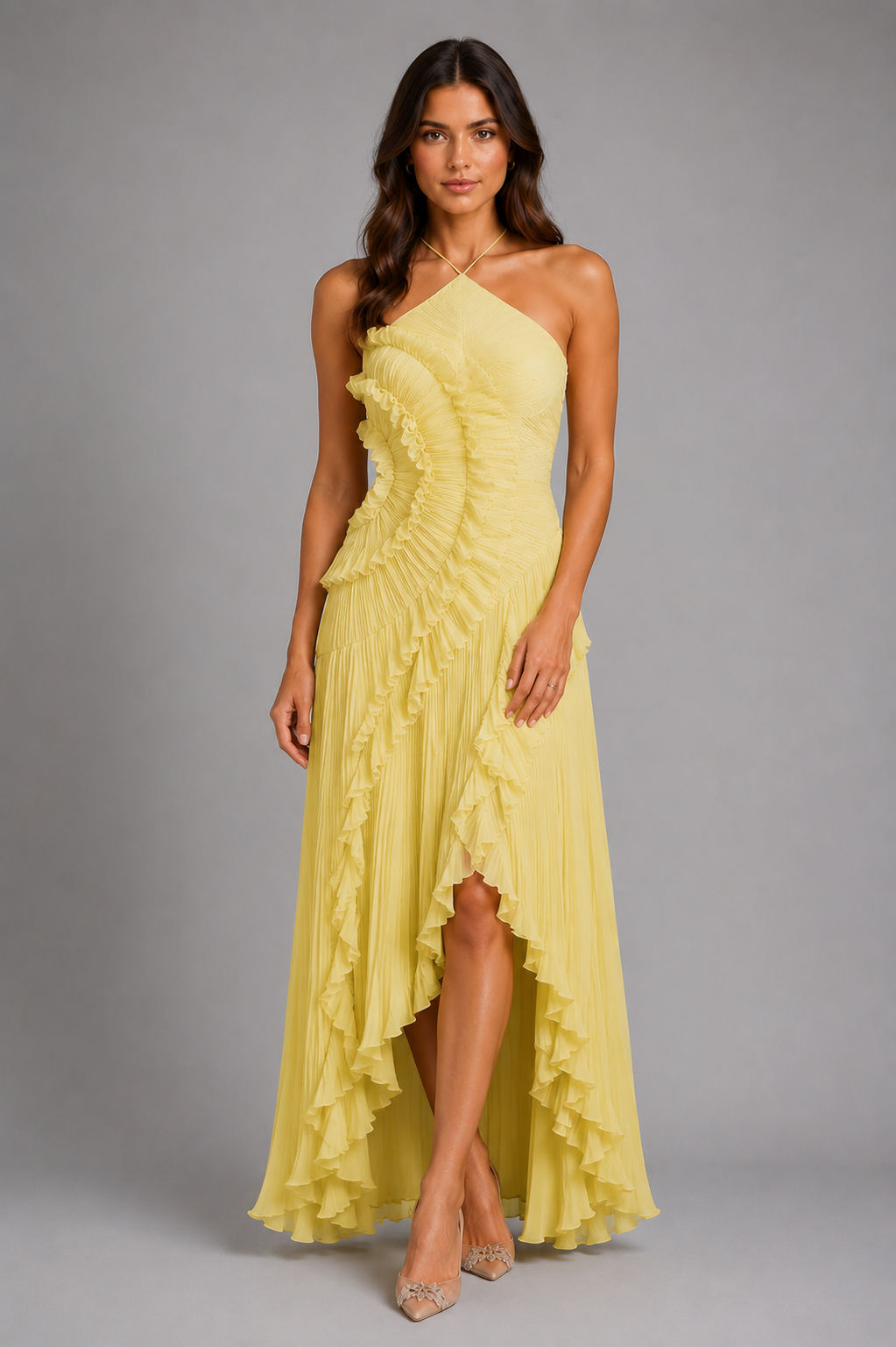 Women's Pleated Ruffle Halter Maxi Dress – Elegant Occasion Wear