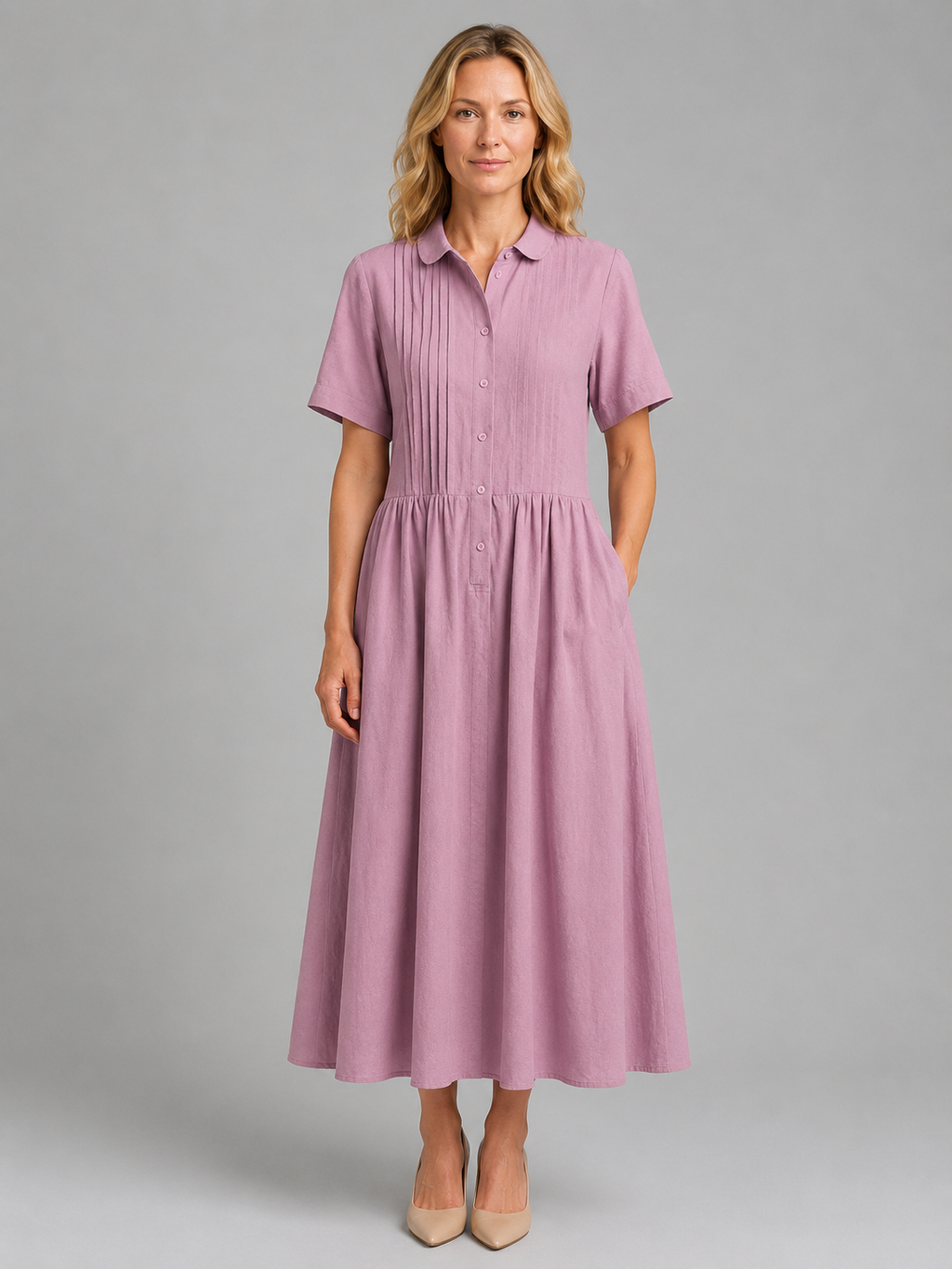 Women's Pleated Shirt Maxi Dress with Pockets – Relaxed Flattering Fit