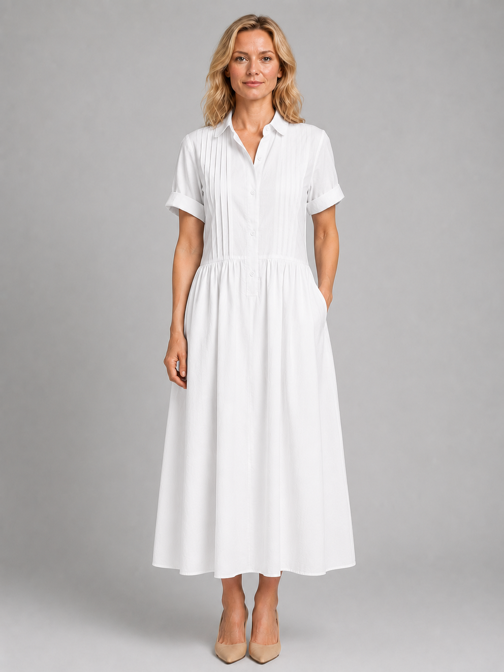 Women's Pleated Shirt Maxi Dress with Pockets – Relaxed Flattering Fit