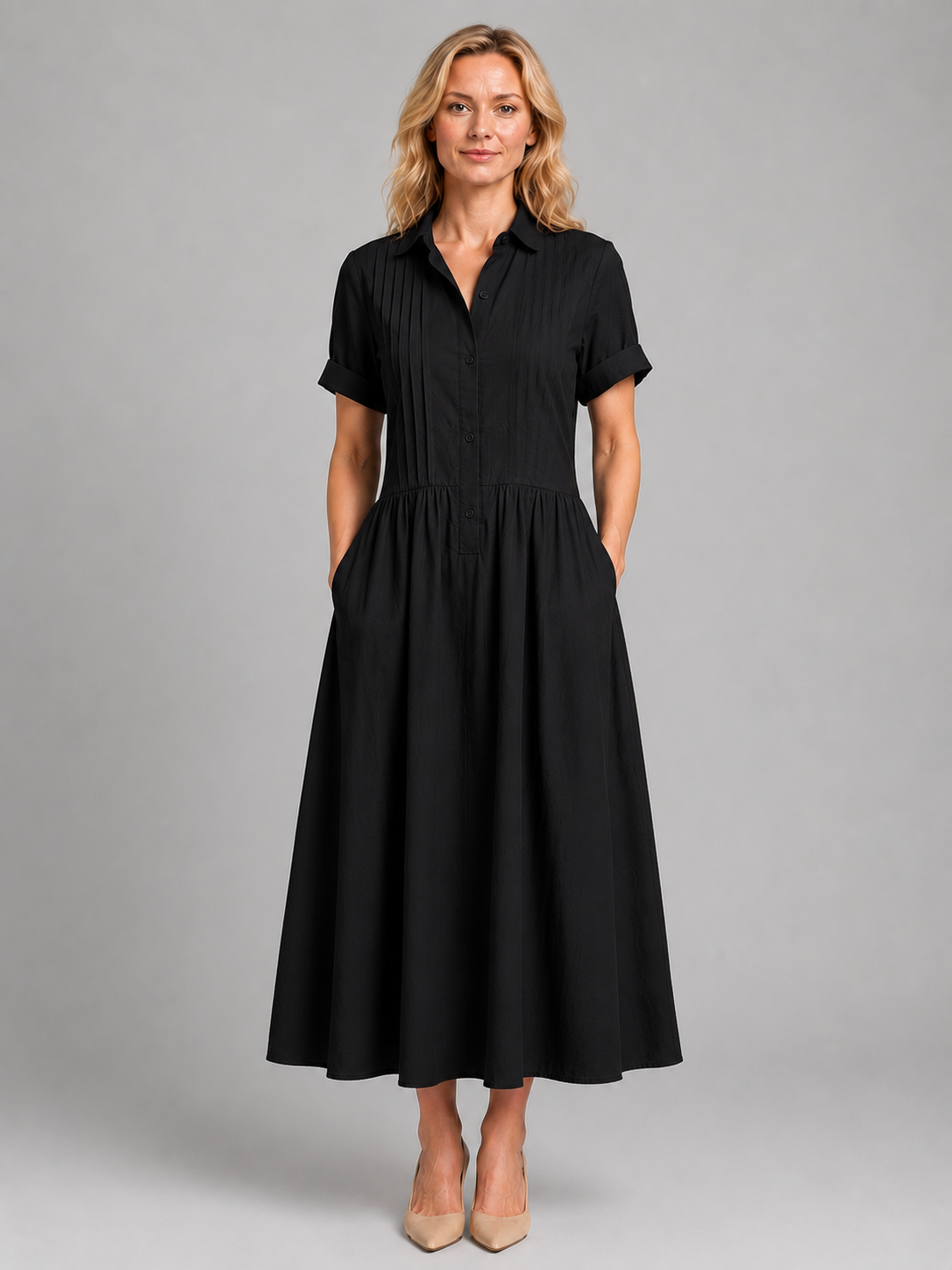 Women's Pleated Shirt Maxi Dress with Pockets – Relaxed Flattering Fit