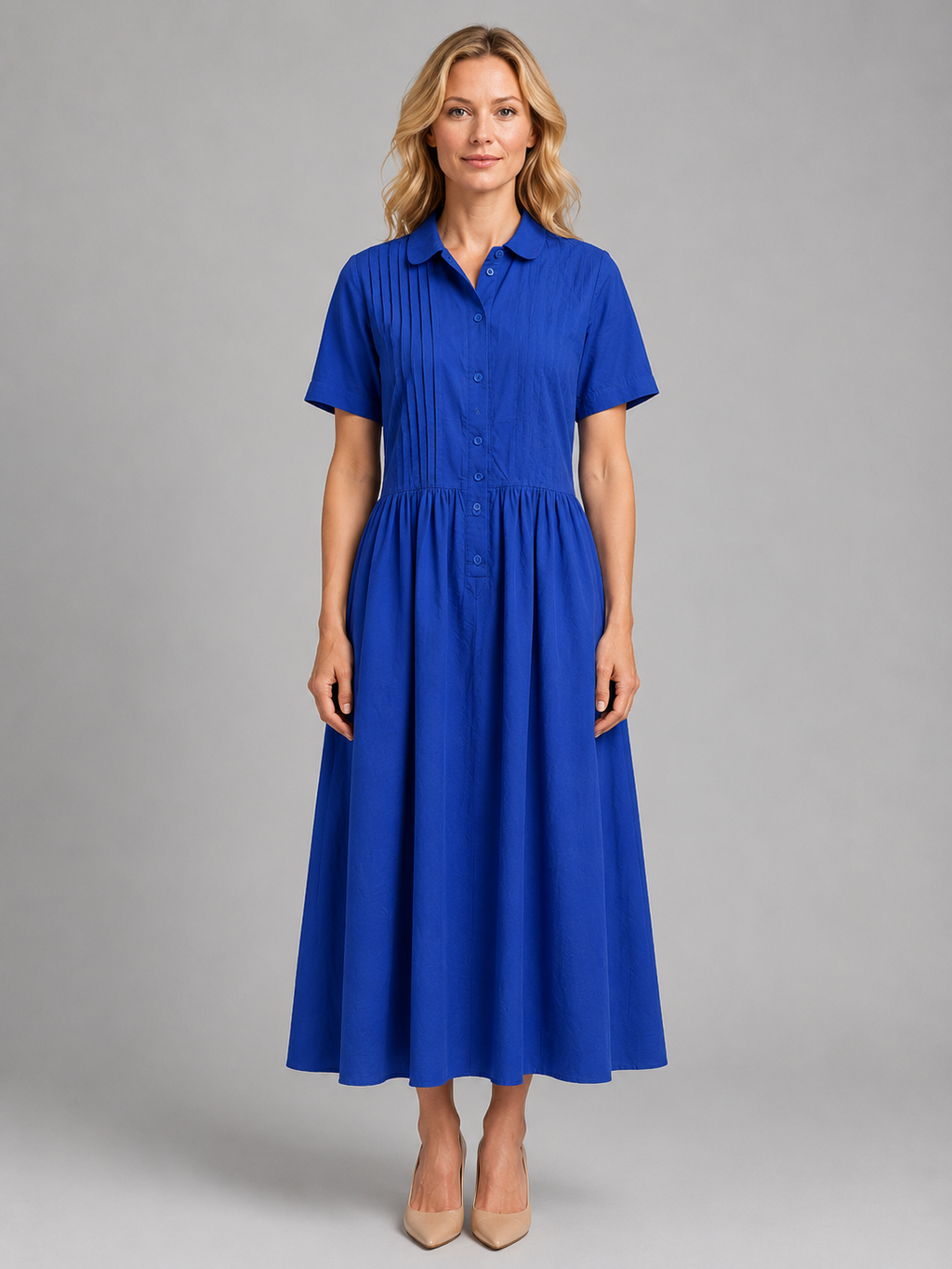 Women's Pleated Shirt Maxi Dress with Pockets – Relaxed Flattering Fit