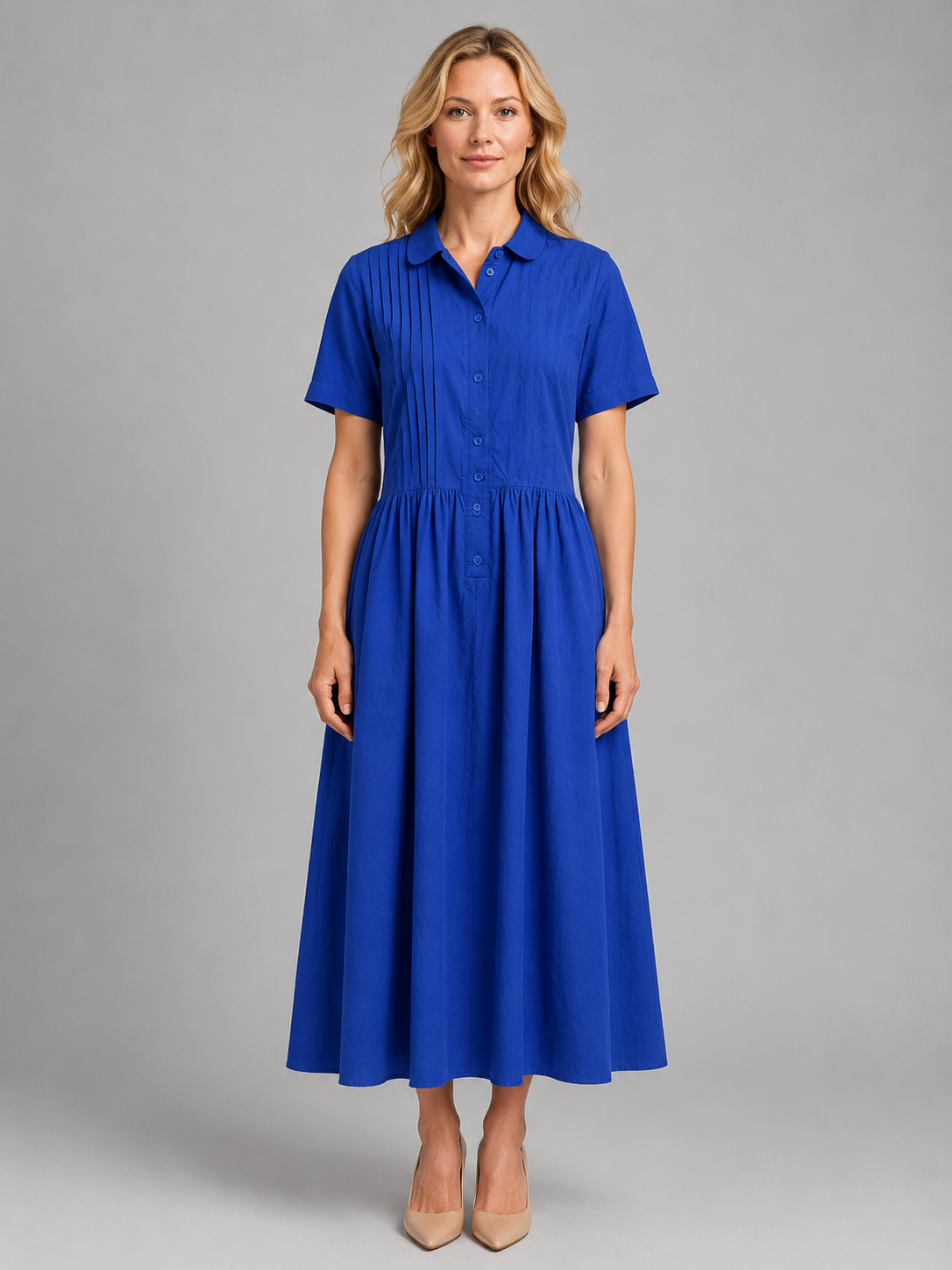 Women's Pleated Shirt Maxi Dress with Pockets – Relaxed Flattering Fit