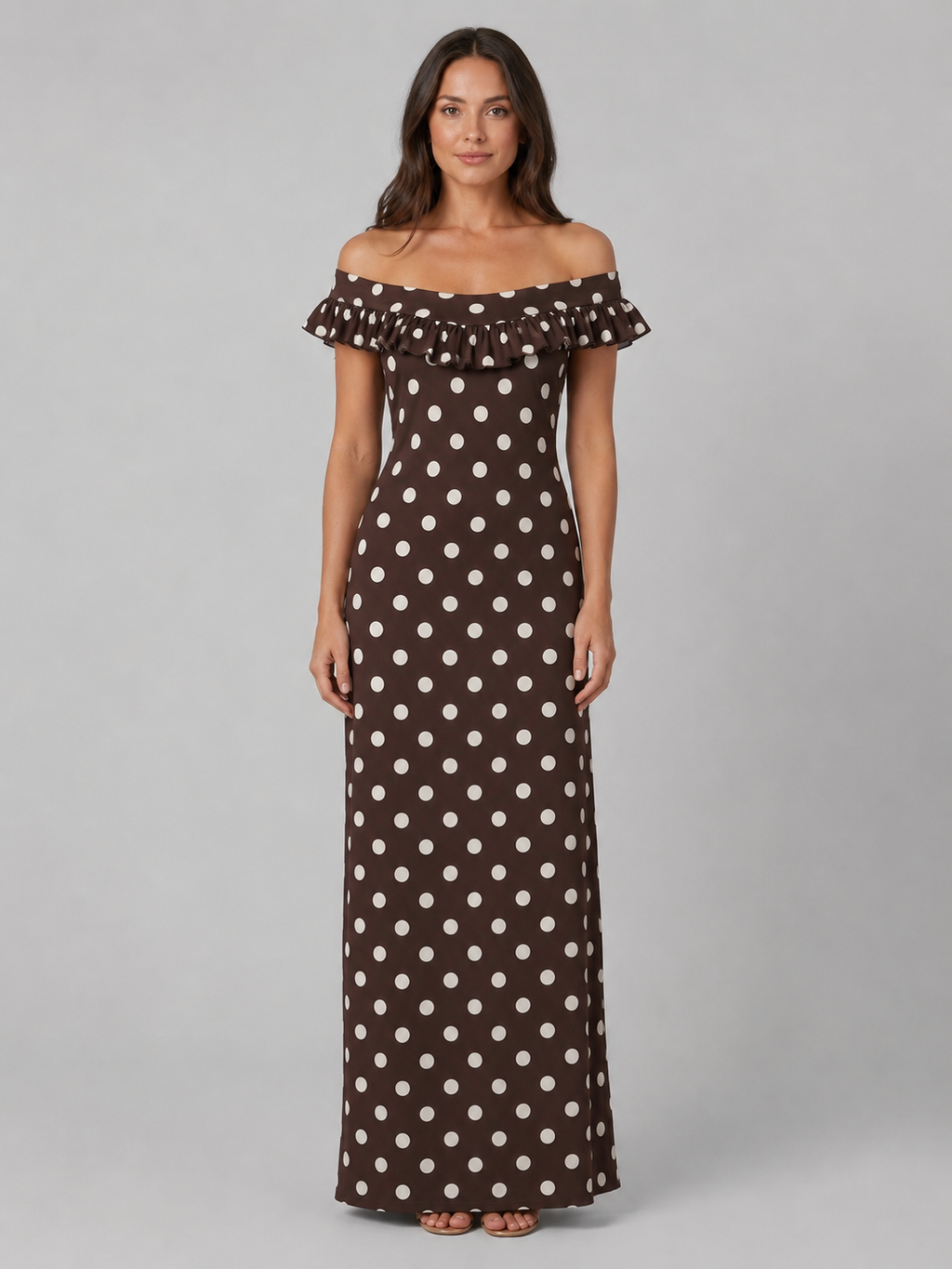 Women’s Polka Dot Maxi Dress – Off-Shoulder Ruffle Neckline