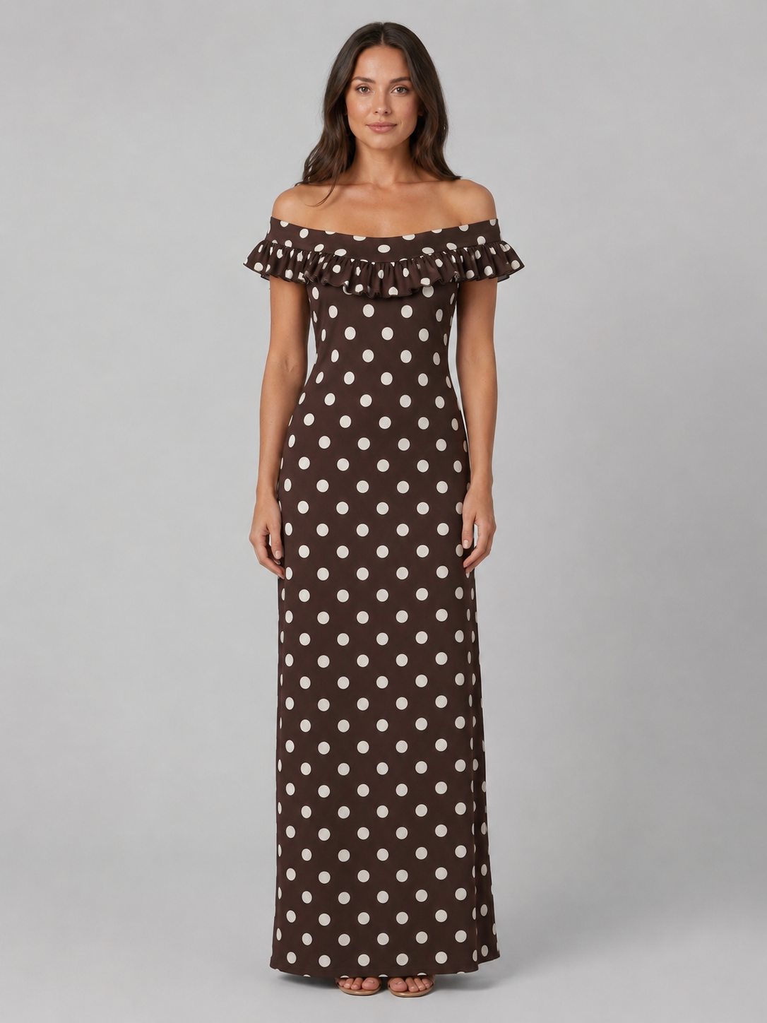 Women’s Polka Dot Maxi Dress – Off-Shoulder Ruffle Neckline