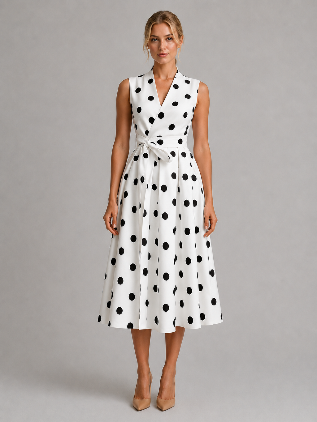 Women’s Polka Dot Midi Dress – Sleeveless V-Neck Summer Style