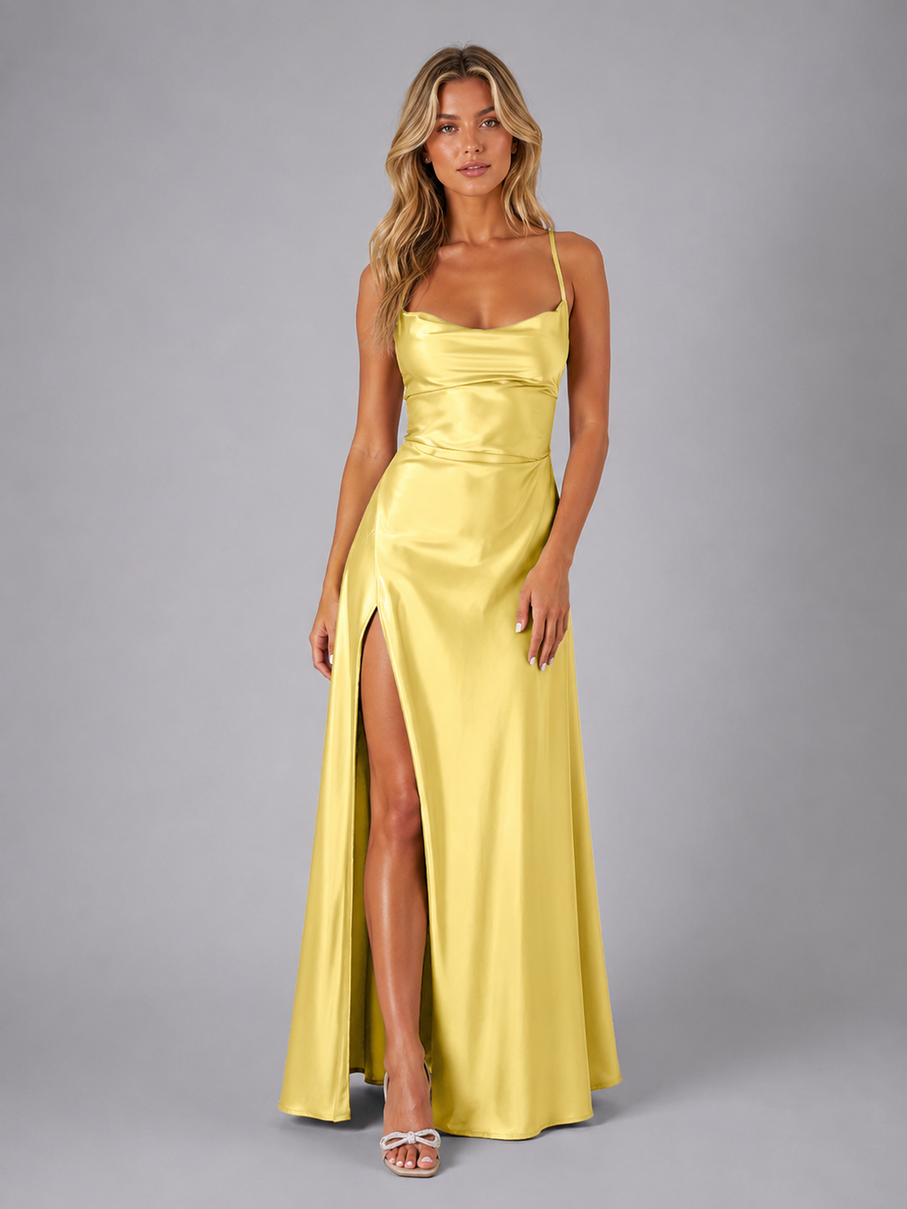 Women’s Satin Feel Cowl Neck Maxi Dress – Side Split Style