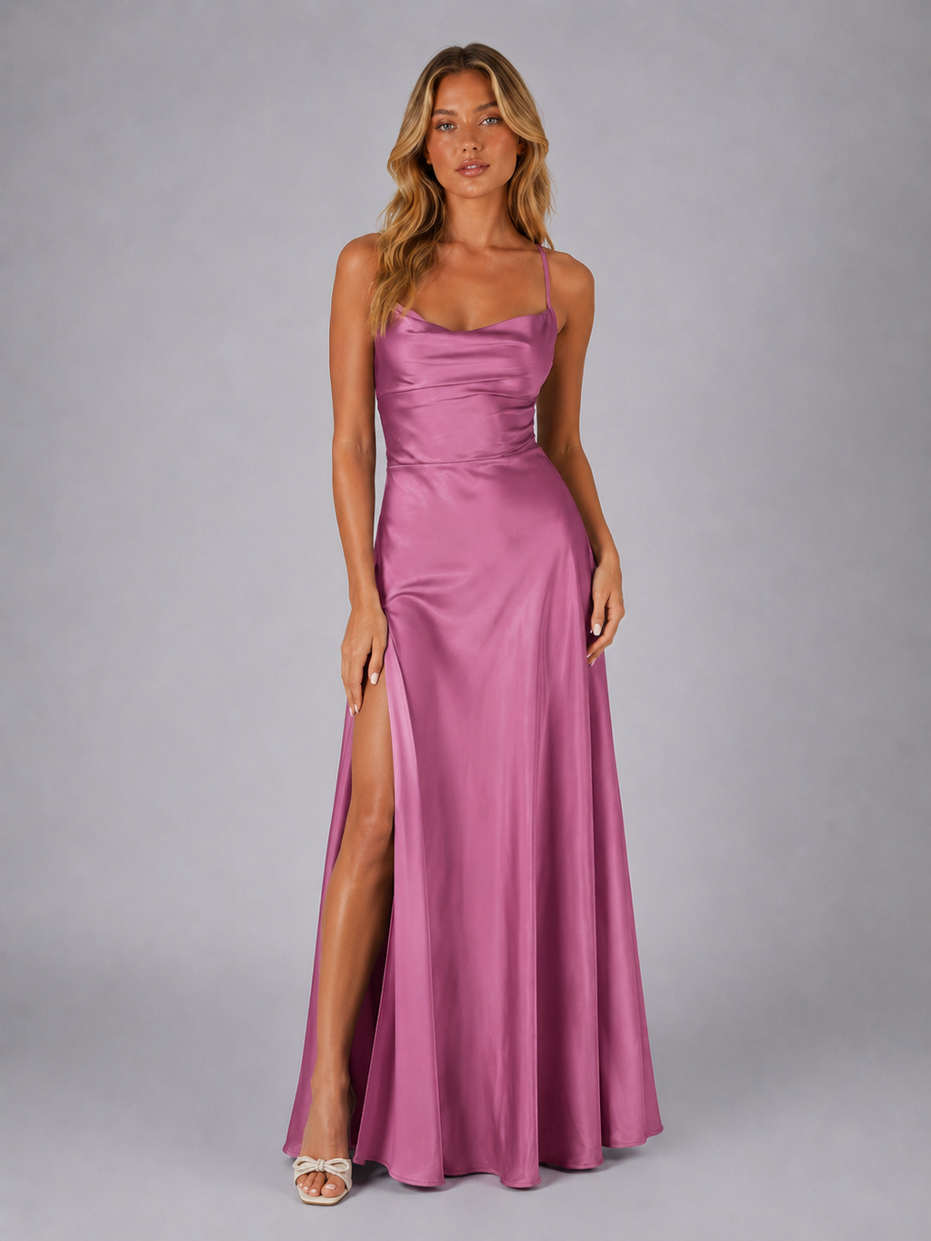 Women’s Satin Feel Cowl Neck Maxi Dress – Side Split Style
