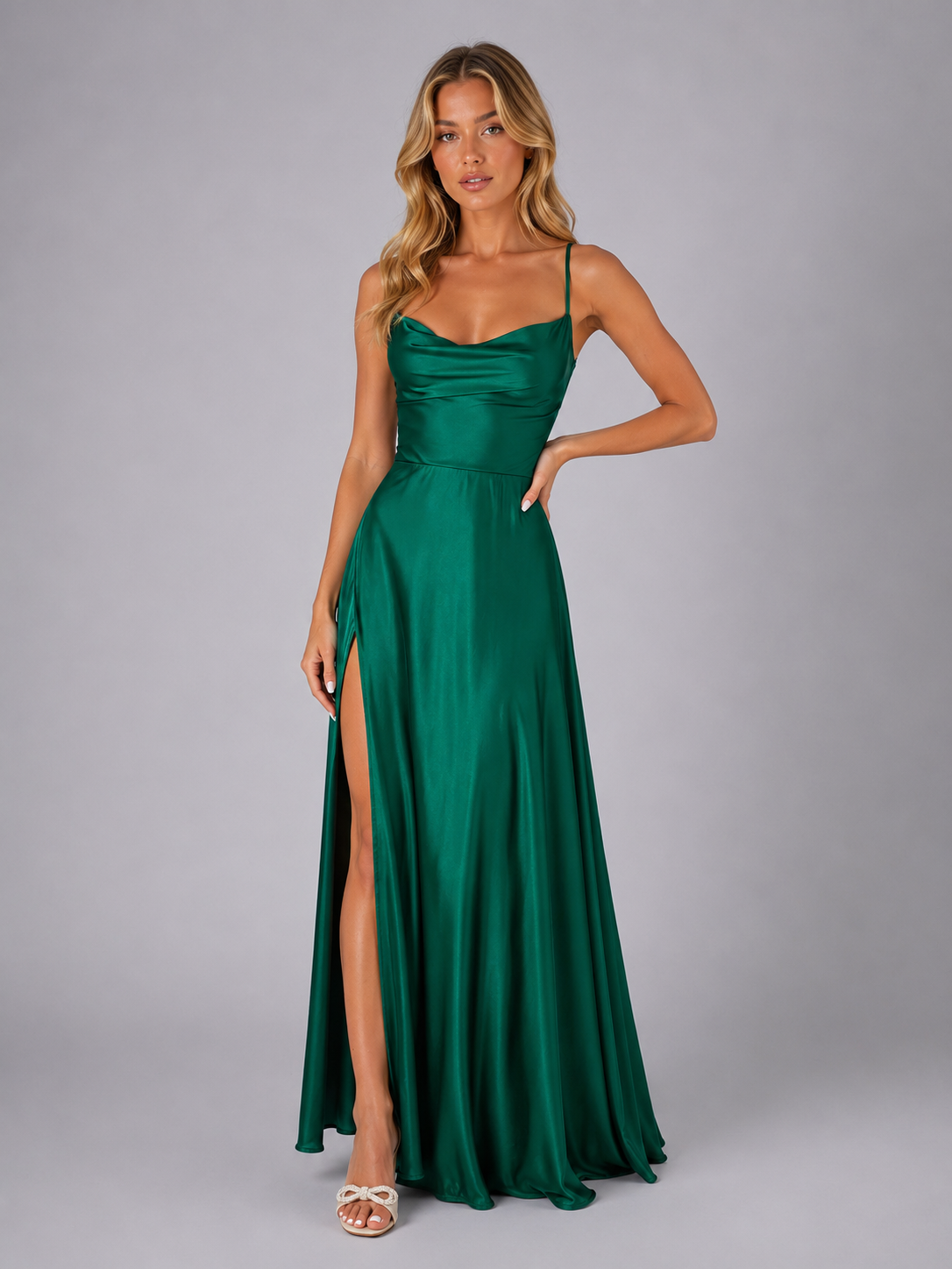 Women’s Satin Feel Cowl Neck Maxi Dress – Side Split Style