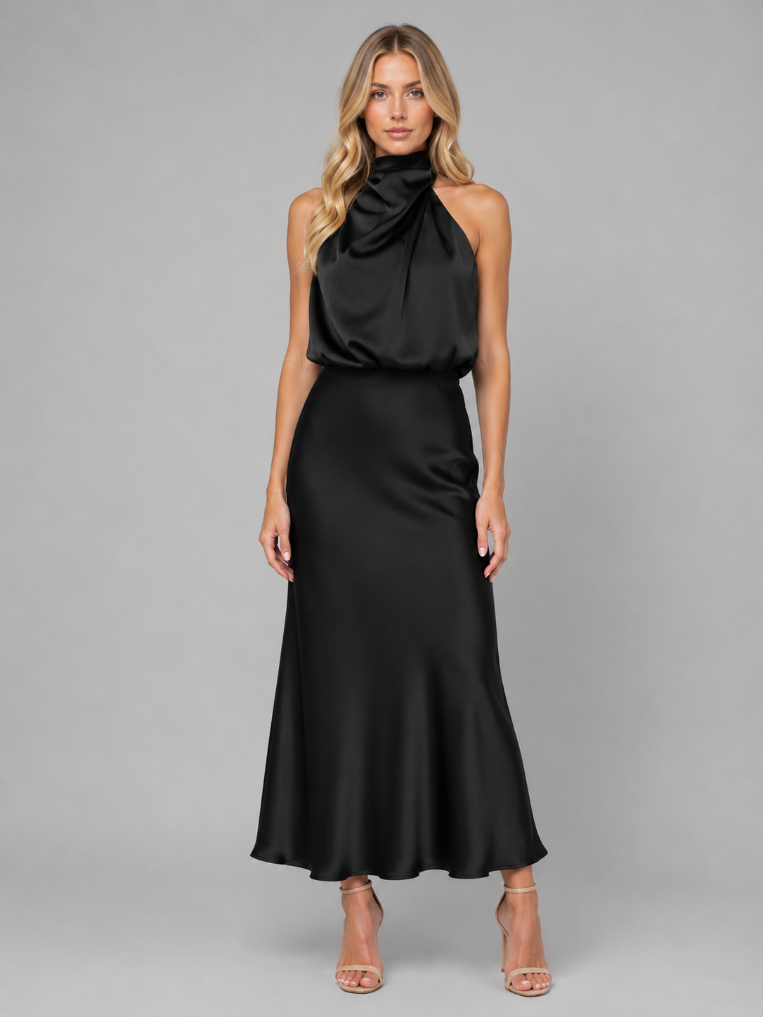 Women’s Satin Feel High Neck Midi Dress – Wedding Guest Occasion
