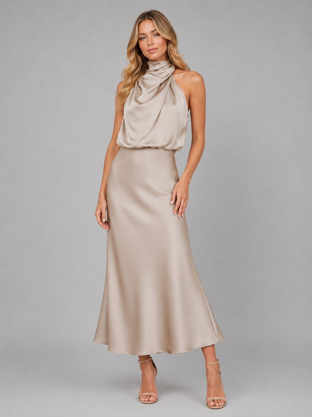 Women’s Satin Feel High Neck Midi Dress – Wedding Guest Occasion