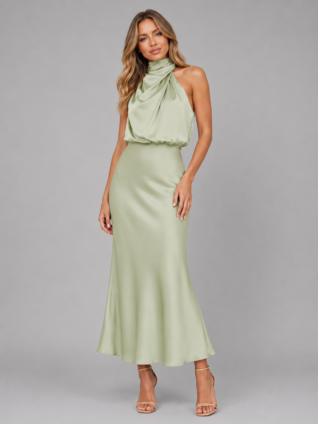 Women’s Satin Feel High Neck Midi Dress – Wedding Guest Occasion