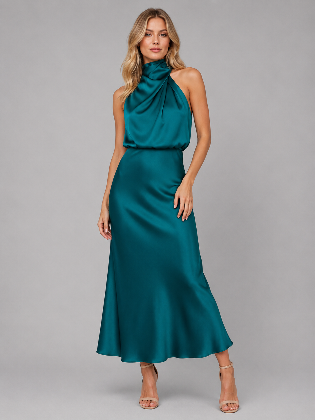 Women’s Satin Feel High Neck Midi Dress – Wedding Guest Occasion
