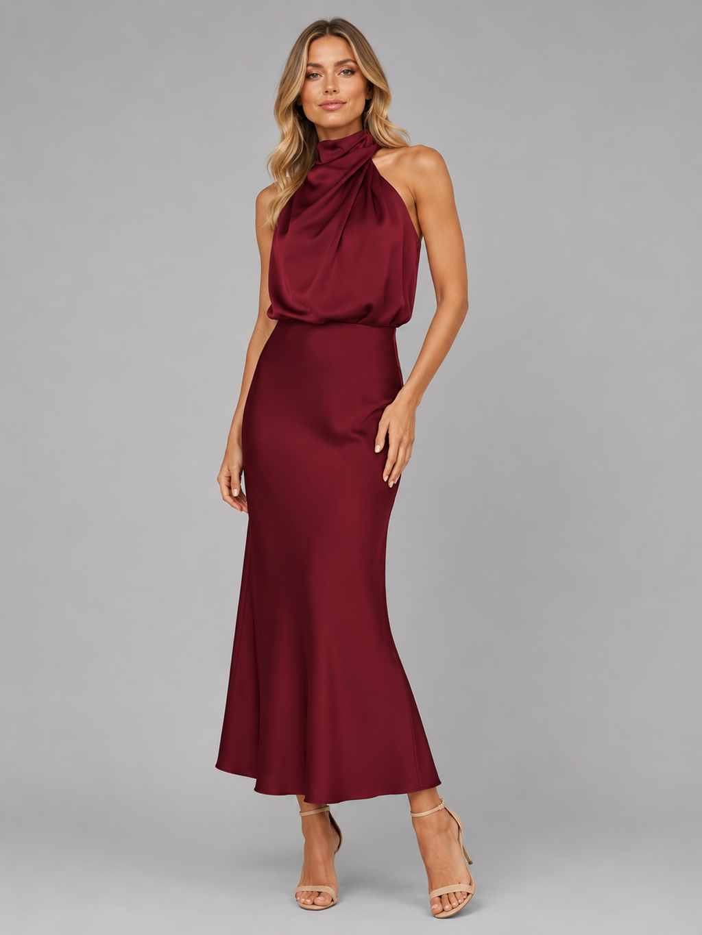 Women’s Satin Feel High Neck Midi Dress – Wedding Guest Occasion