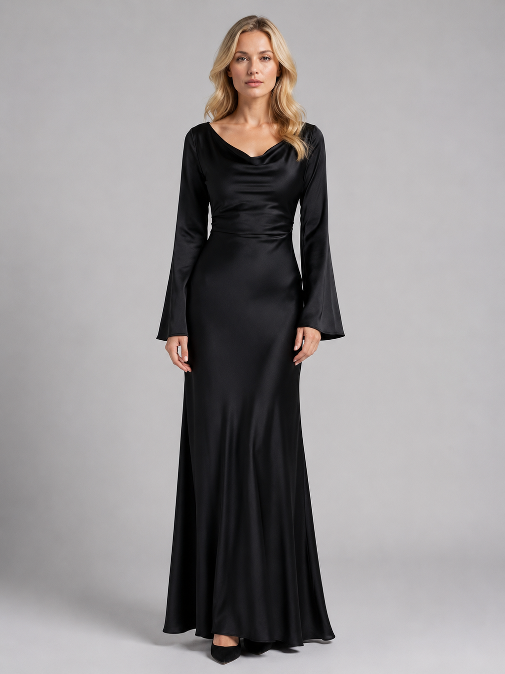 Women’s Satin Feel Long Sleeve Maxi Dress – Elegant Occasion Style