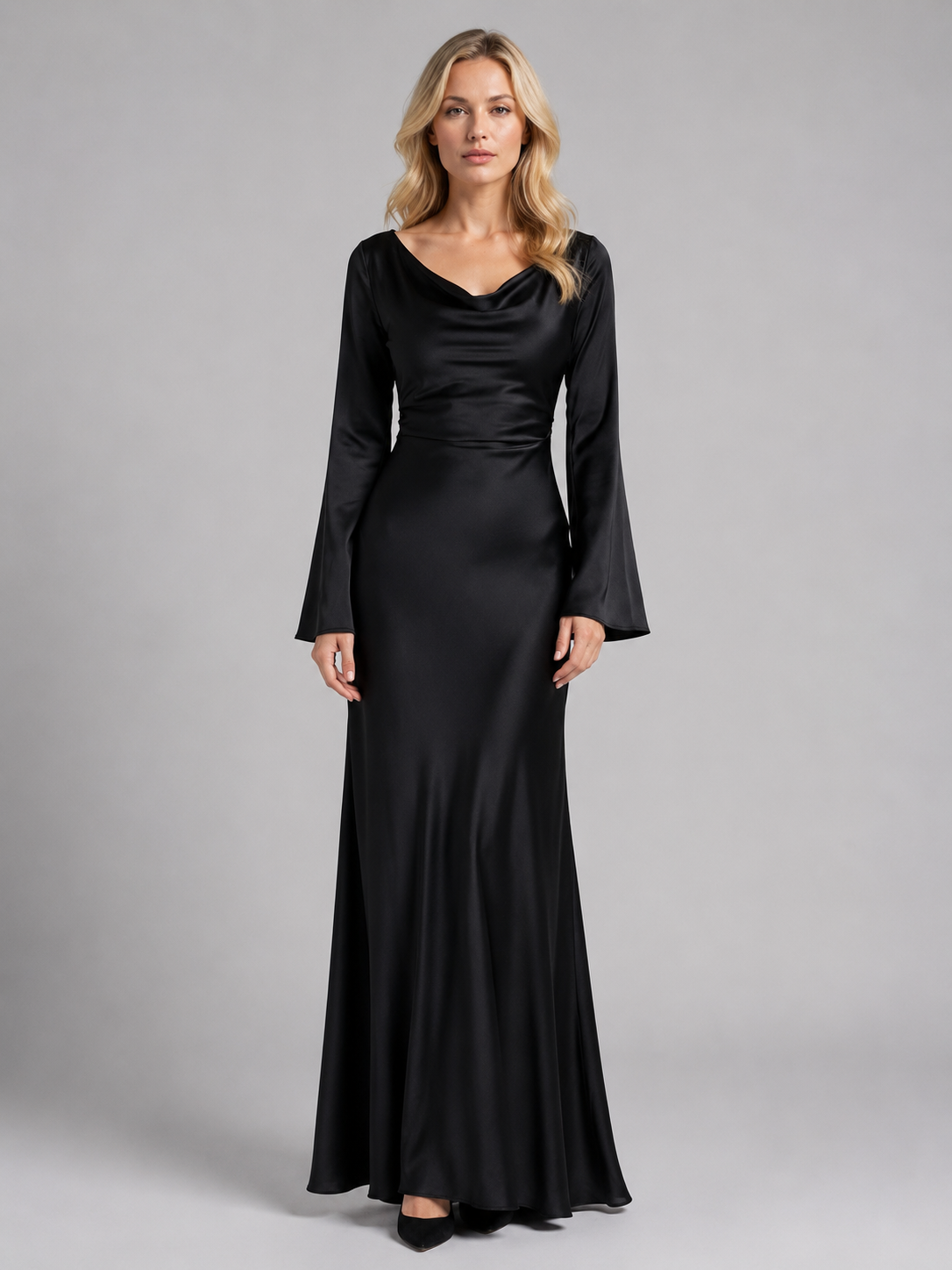 Women’s Satin Feel Long Sleeve Maxi Dress – Elegant Occasion Style