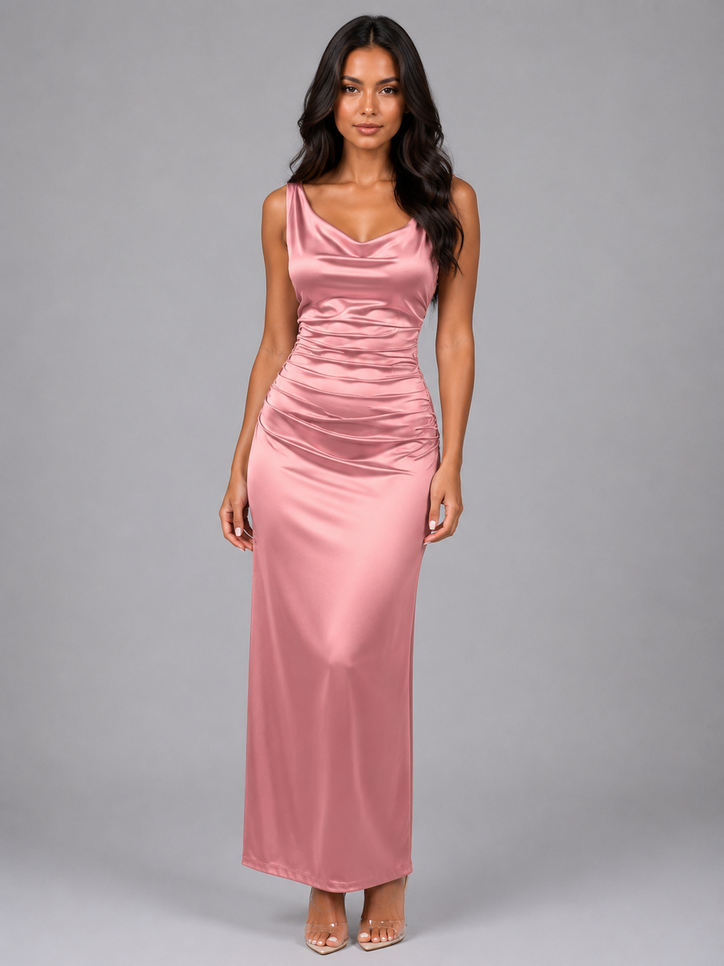 Women's Satin Feel Ruched Maxi Dress – Sleeveless Bodycon Evening Style
