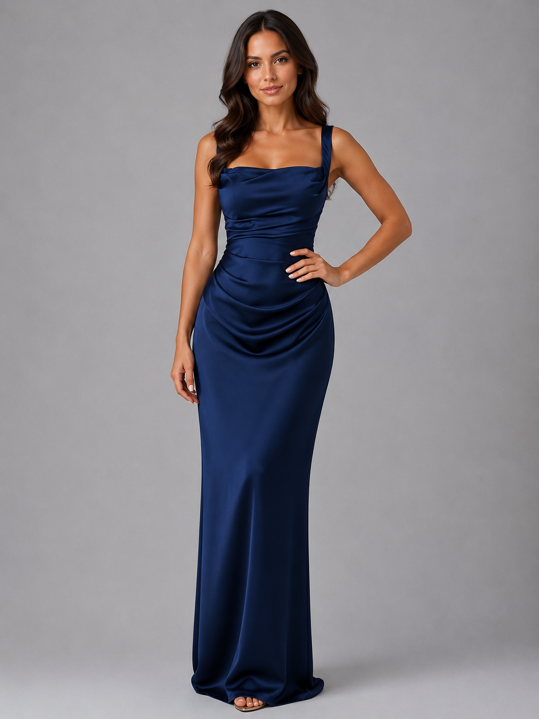 Women’s Satin Feel Ruched Waist Maxi Dress – Sculpted Fit