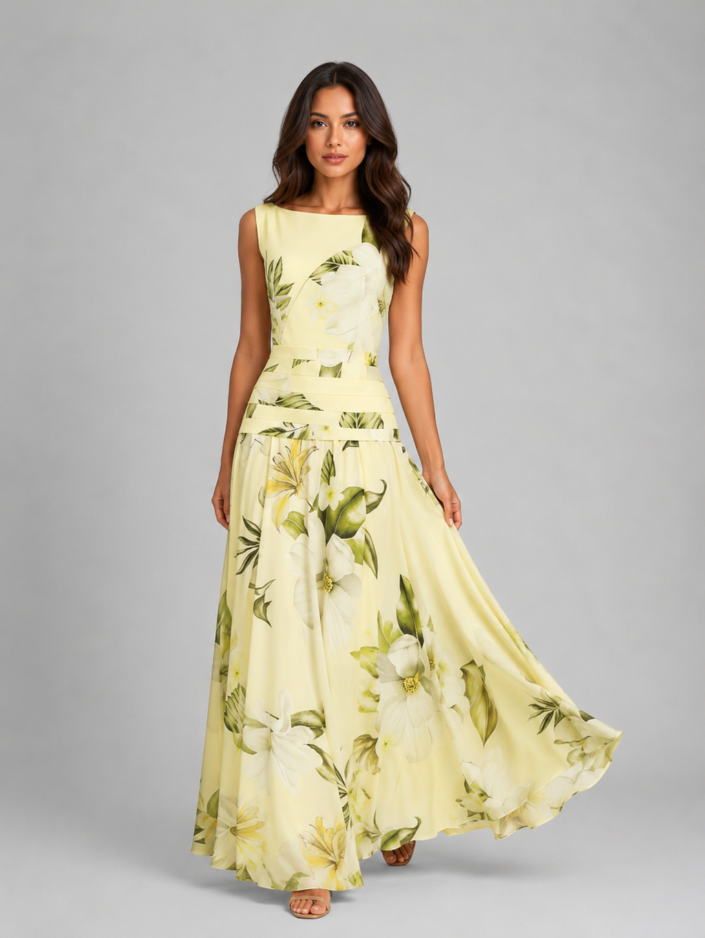 Women's Sleeveless Floral Maxi Dress – Boat Neck & Defined Waist